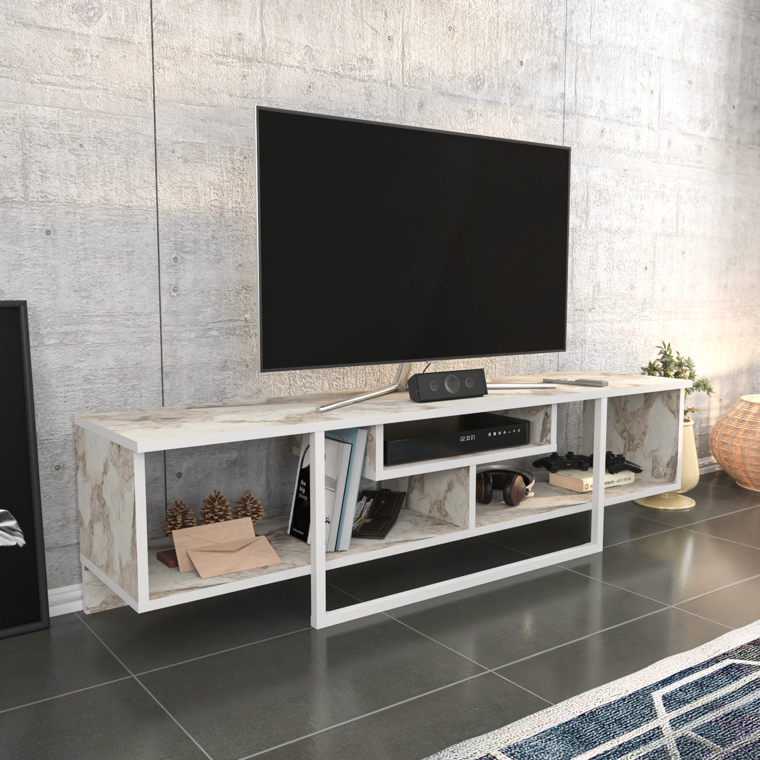 Suporte de TV escandinavo, branco, 150 cm x 35,2 cm x 40 cm | Painel de partículas 100% revestido de melamina, 18 mm de espessura | Elegante e funcional para salas de estar modernas