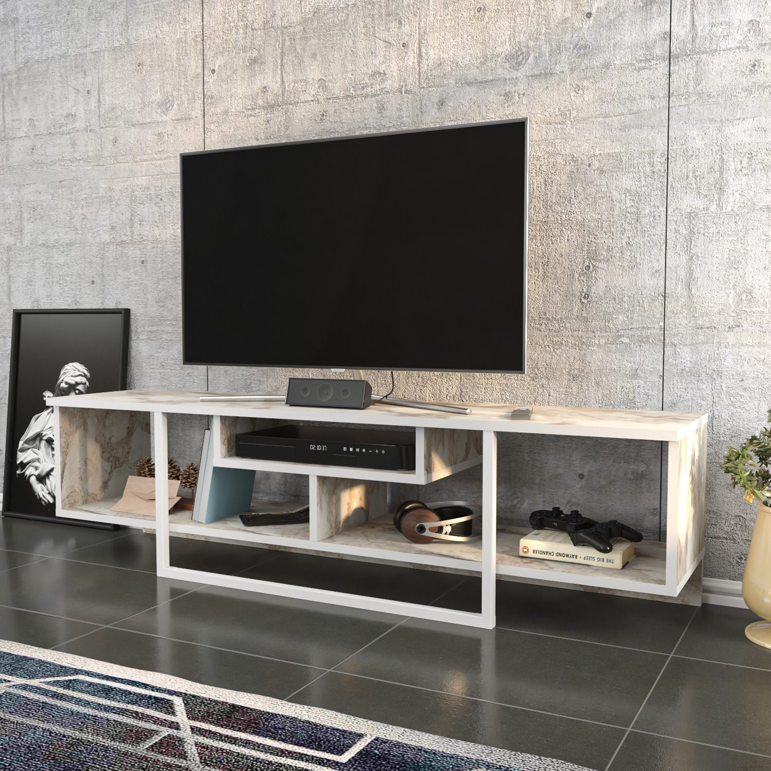 Suporte de TV escandinavo, branco, 150 cm x 35,2 cm x 40 cm | Painel de partículas 100% revestido de melamina, 18 mm de espessura | Elegante e funcional para salas de estar modernas