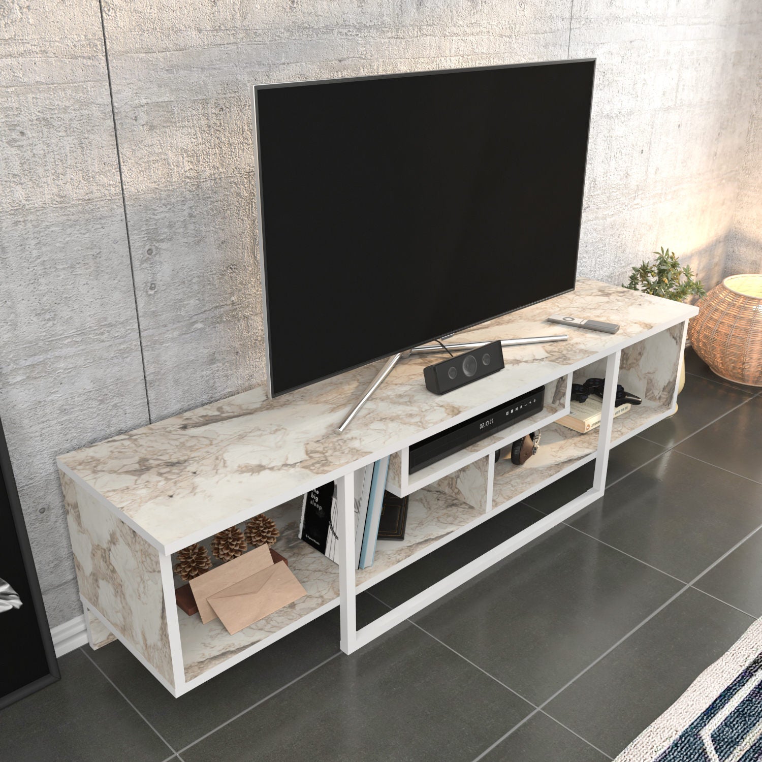 Suporte de TV escandinavo, branco, 150 cm x 35,2 cm x 40 cm | Painel de partículas 100% revestido de melamina, 18 mm de espessura | Elegante e funcional para salas de estar modernas