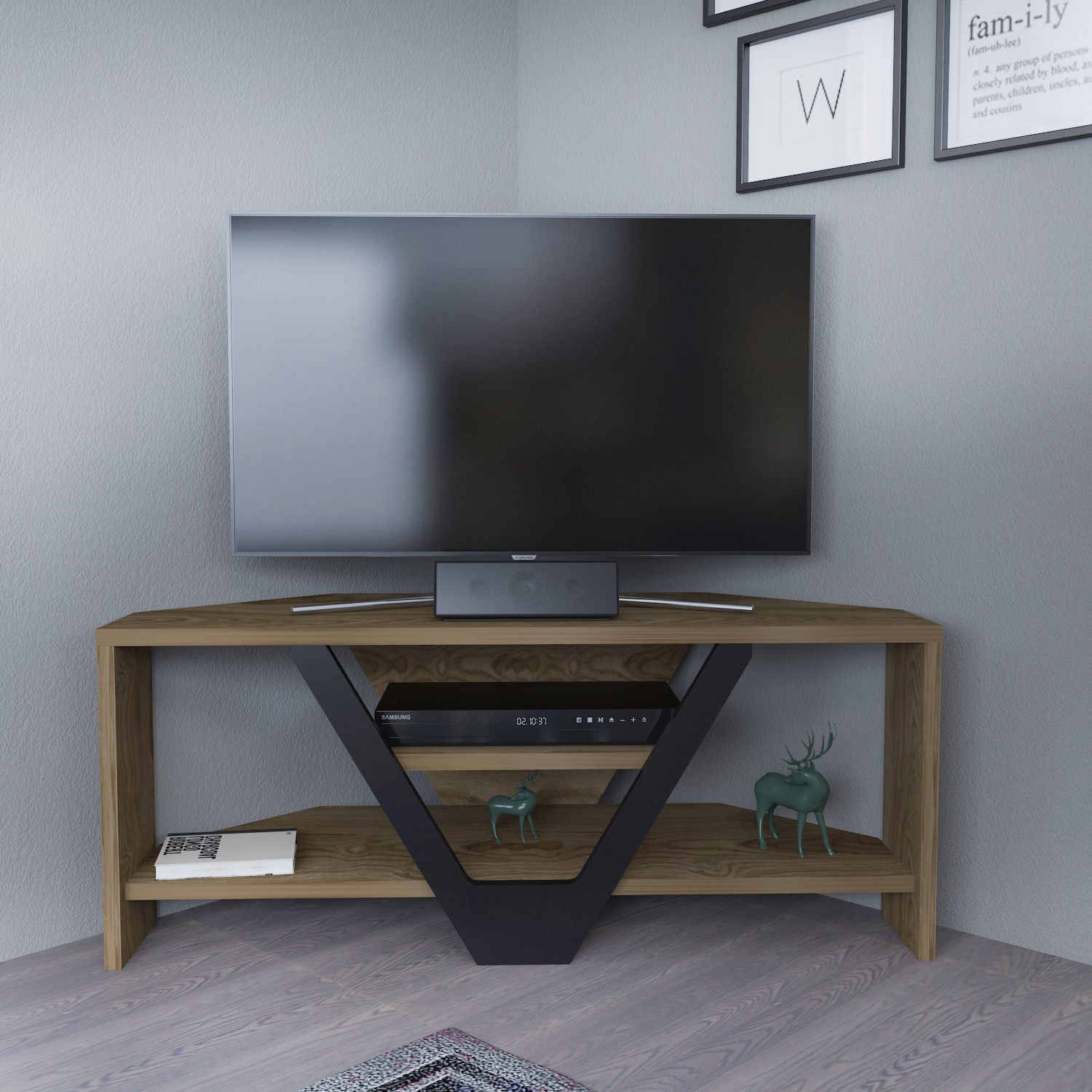 Suporte de TV elegante, dourado e preto, 90 x 35 x 36,8 cm | Painel de partículas 100% revestido de melamina, 18 mm de espessura | Perfeito para salas de estar e espaços de entretenimento modernos