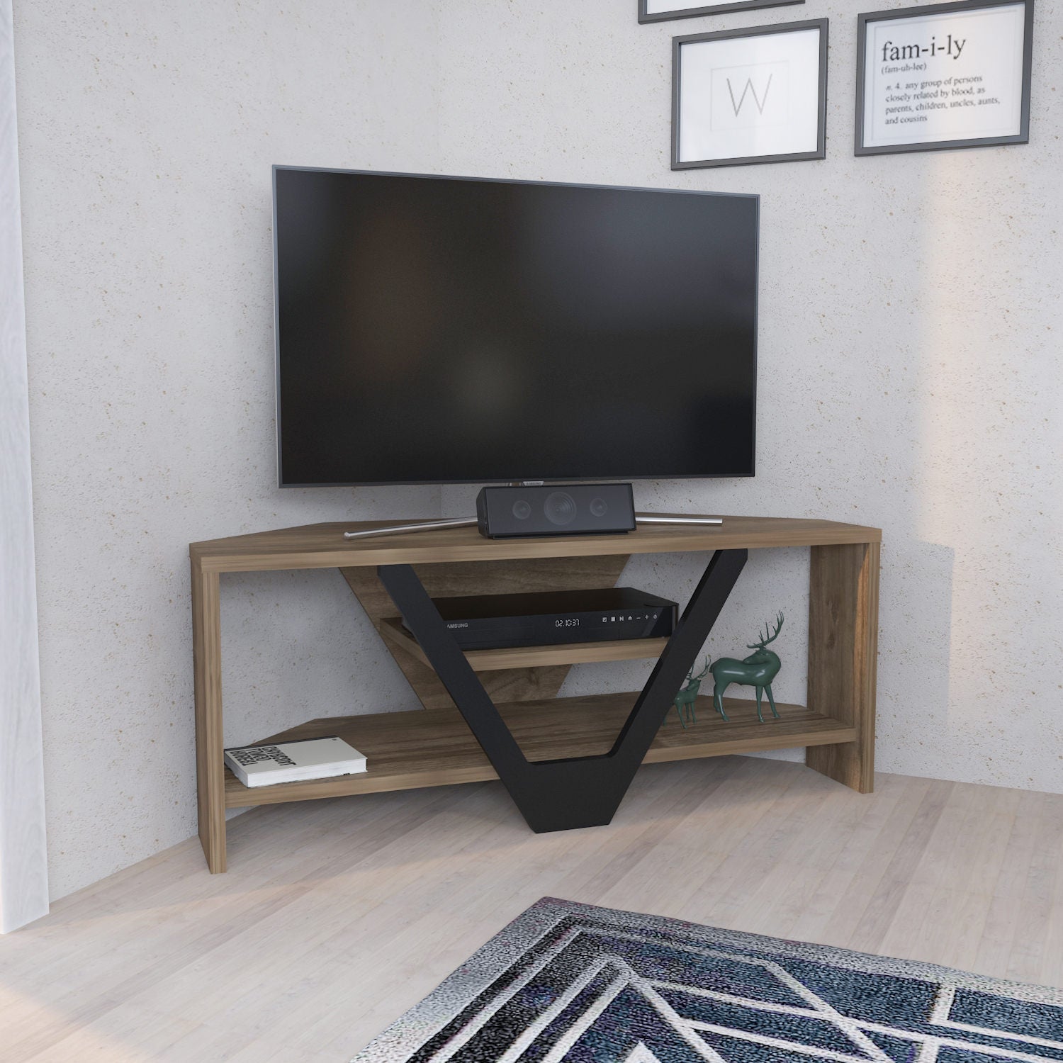 Suporte de TV elegante, nogueira e preto, 90 x 35 x 36,8 cm | Painel de partículas 100% revestido de melamina, 18 mm de espessura | Design moderno para salas de estar e espaços de entretenimento