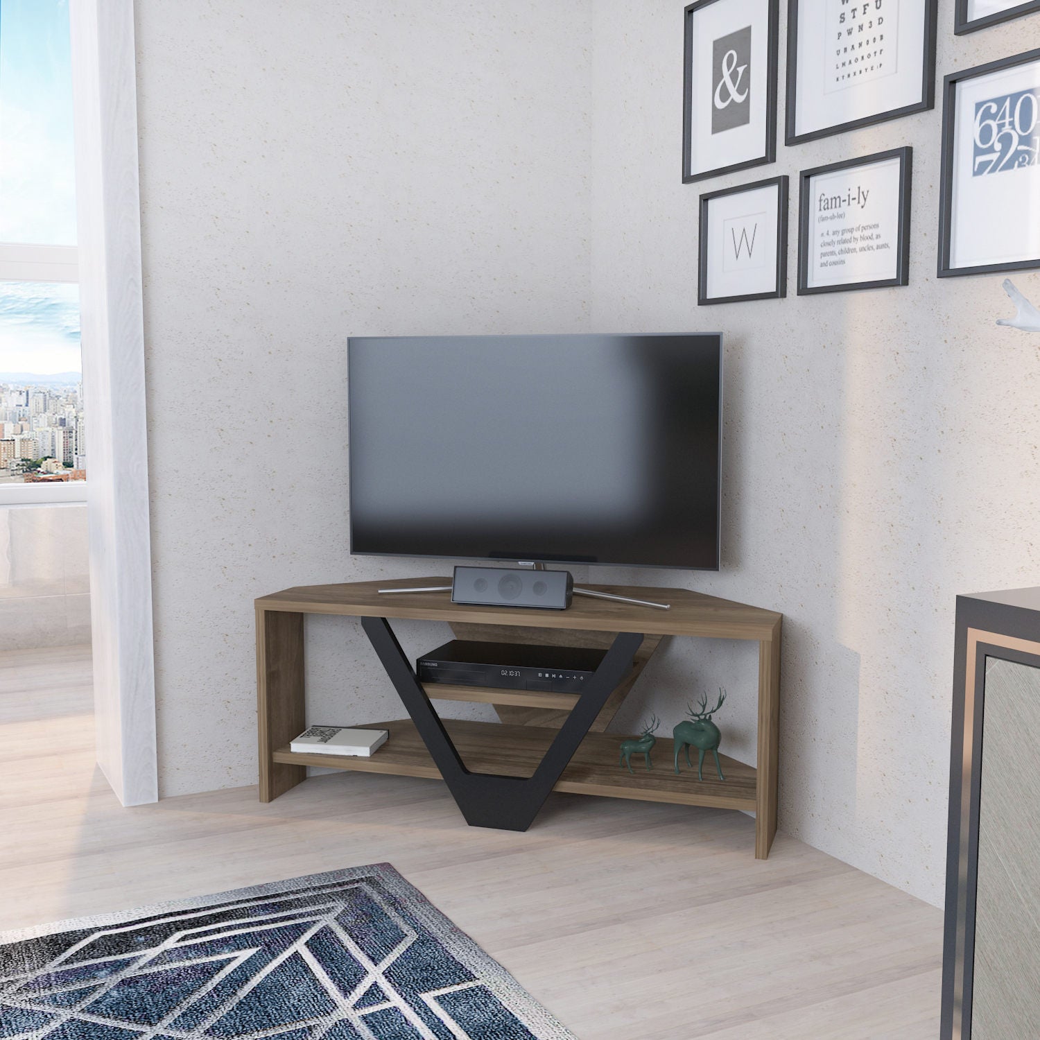 Suporte de TV elegante, nogueira e preto, 90 x 35 x 36,8 cm | Painel de partículas 100% revestido de melamina, 18 mm de espessura | Design moderno para salas de estar e espaços de entretenimento