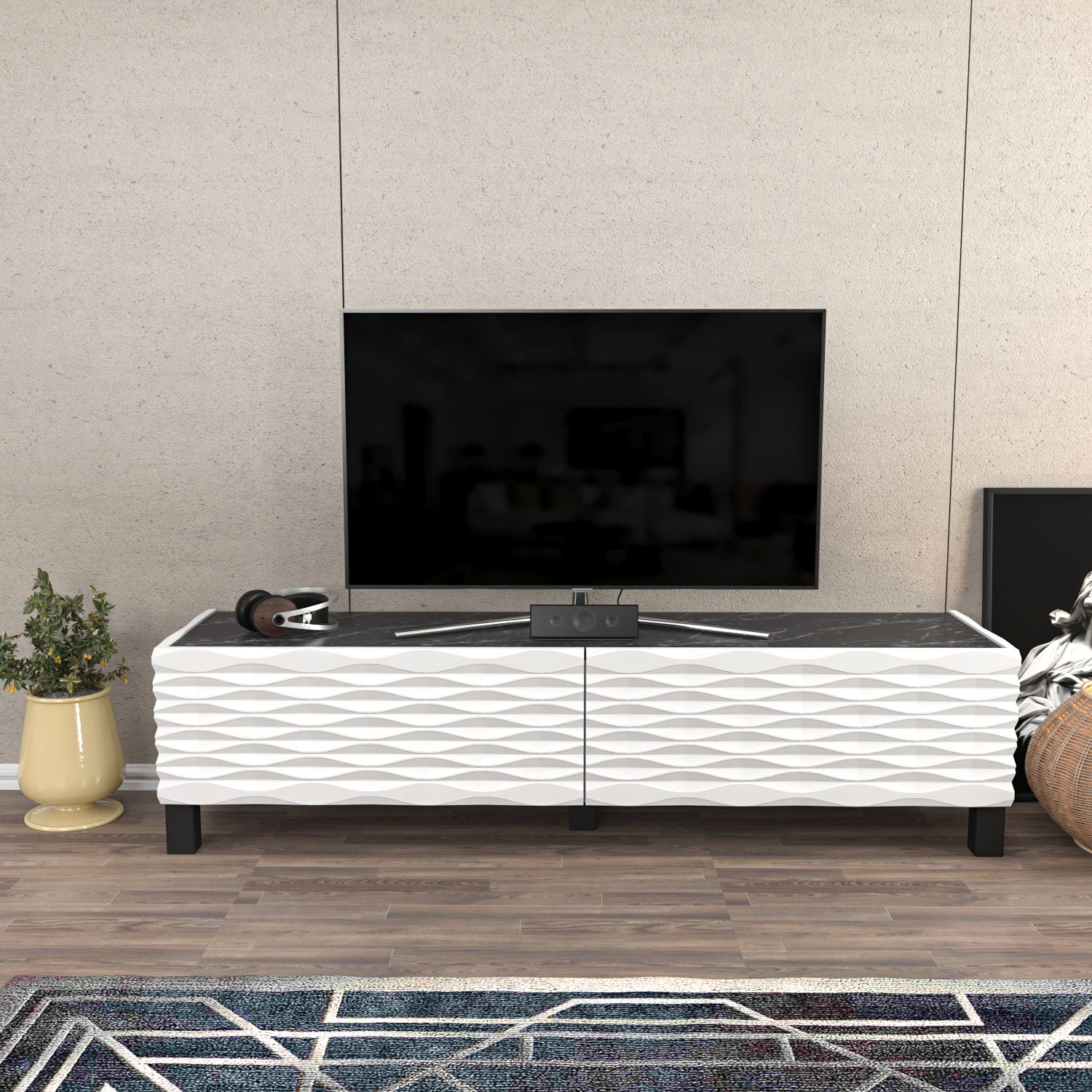 Suporte de TV tradicional, branco e preto, 149,2 x 35 x 38 cm | Painel de partículas 100% revestido em melamina, 18 mm de espessura | Design elegante para salas de estar e espaços de entretenimento