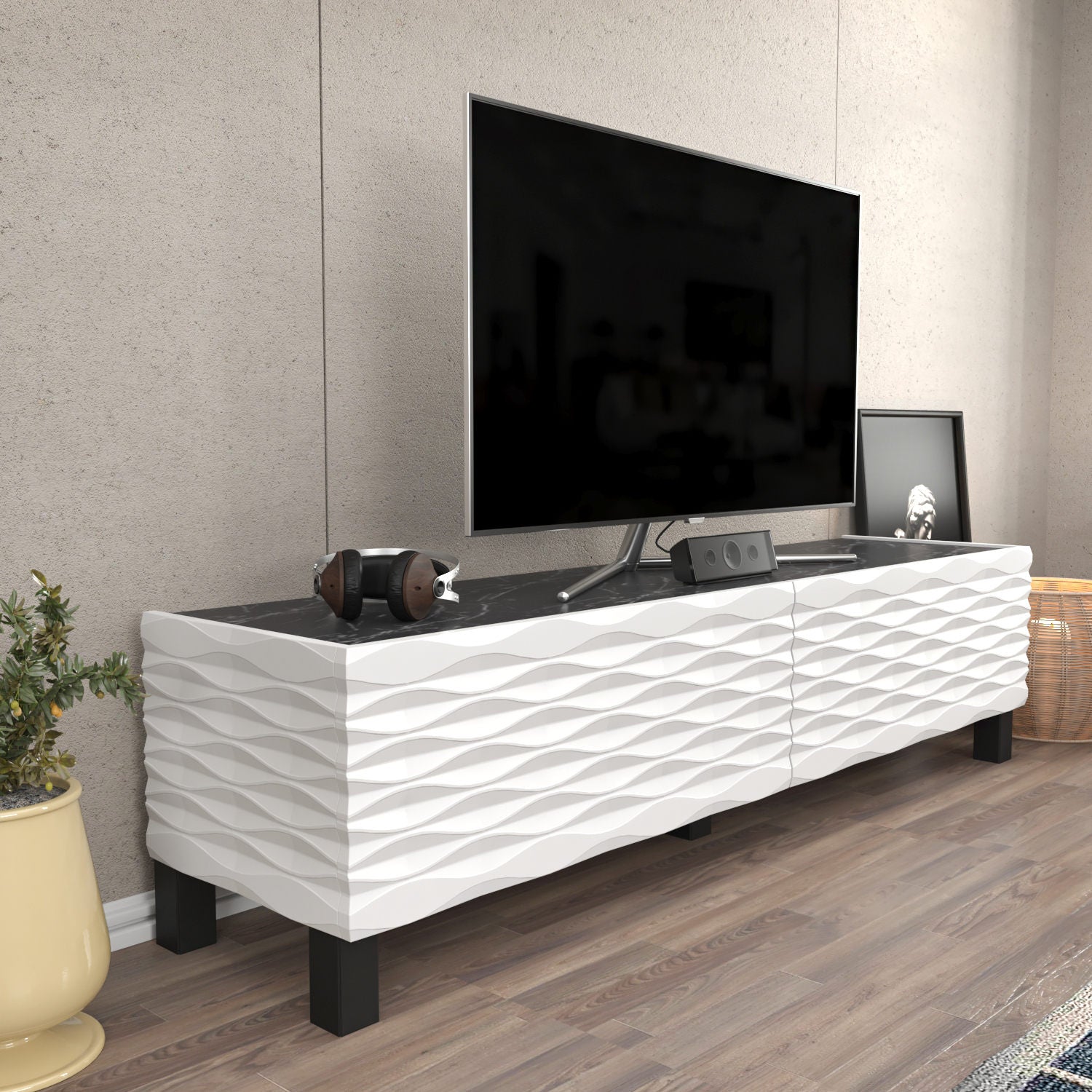 Suporte de TV tradicional, branco e preto, 149,2 x 35 x 38 cm | Painel de partículas 100% revestido em melamina, 18 mm de espessura | Design elegante para salas de estar e espaços de entretenimento