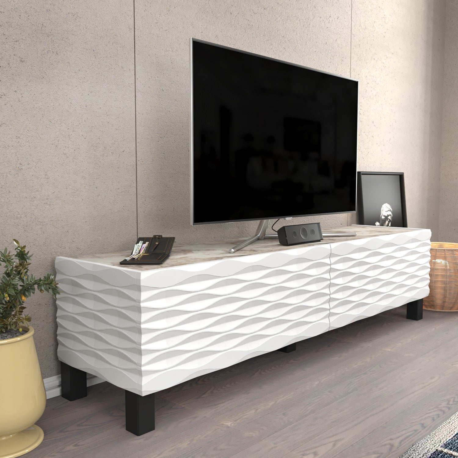 Suporte de TV tradicional branco, 149,2 cm x 35 cm x 38 cm | Painel de partículas 100% revestido de melamina, 18 mm de espessura | Design elegante para salas de estar e espaços de entretenimento