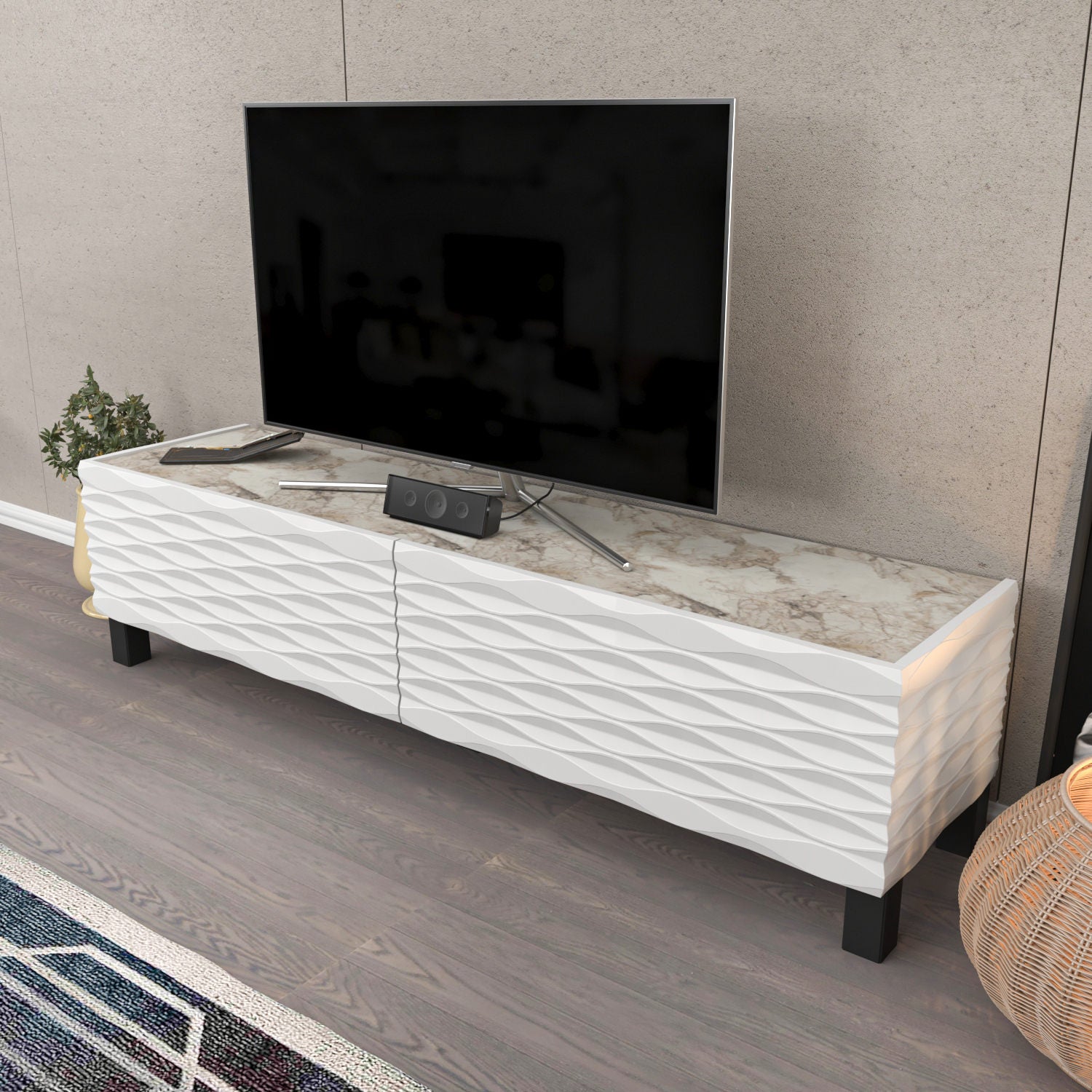 Suporte de TV tradicional branco, 149,2 cm x 35 cm x 38 cm | Painel de partículas 100% revestido de melamina, 18 mm de espessura | Design elegante para salas de estar e espaços de entretenimento