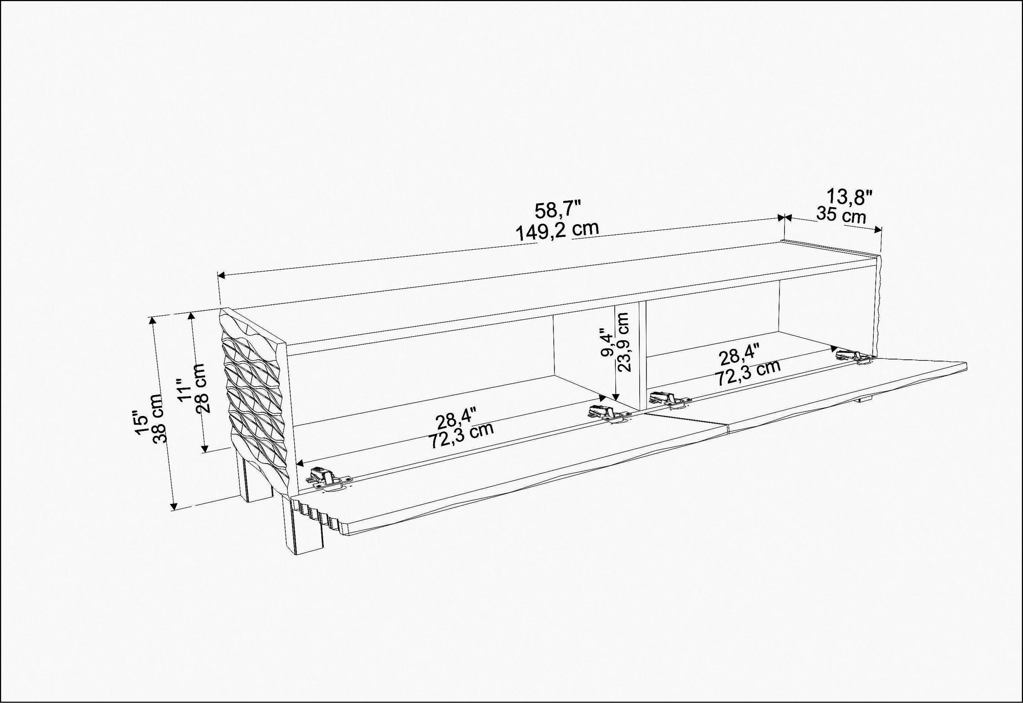 Suporte de TV tradicional branco, 149,2 cm x 35 cm x 38 cm | Painel de partículas 100% revestido de melamina, 18 mm de espessura | Design elegante para salas de estar e espaços de entretenimento