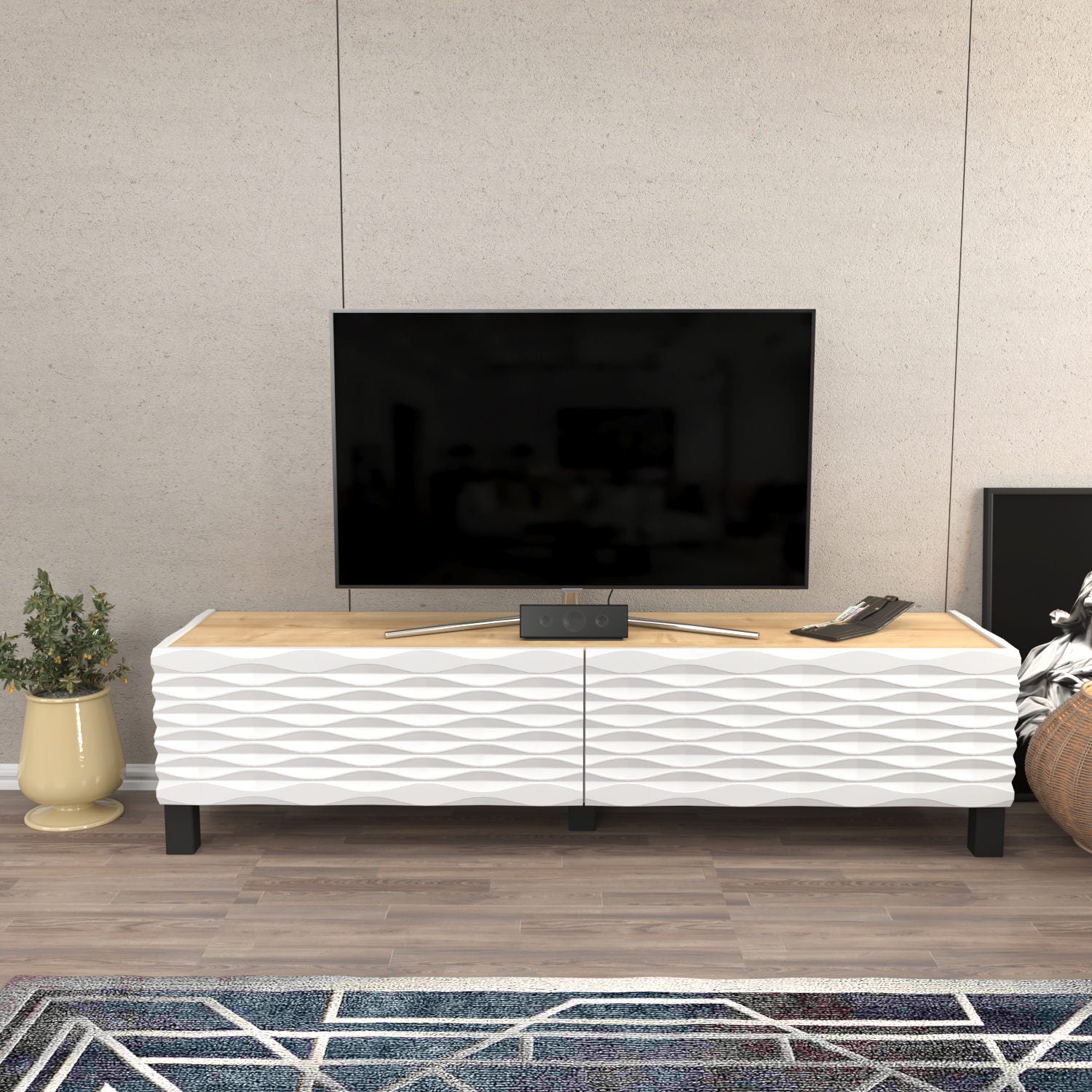Suporte de TV tradicional, safira e branco, 149,2 x 35 x 38 cm | Painel de partículas 100% revestido de melamina, 18 mm de espessura | Solução de armazenamento elegante para salas de estar