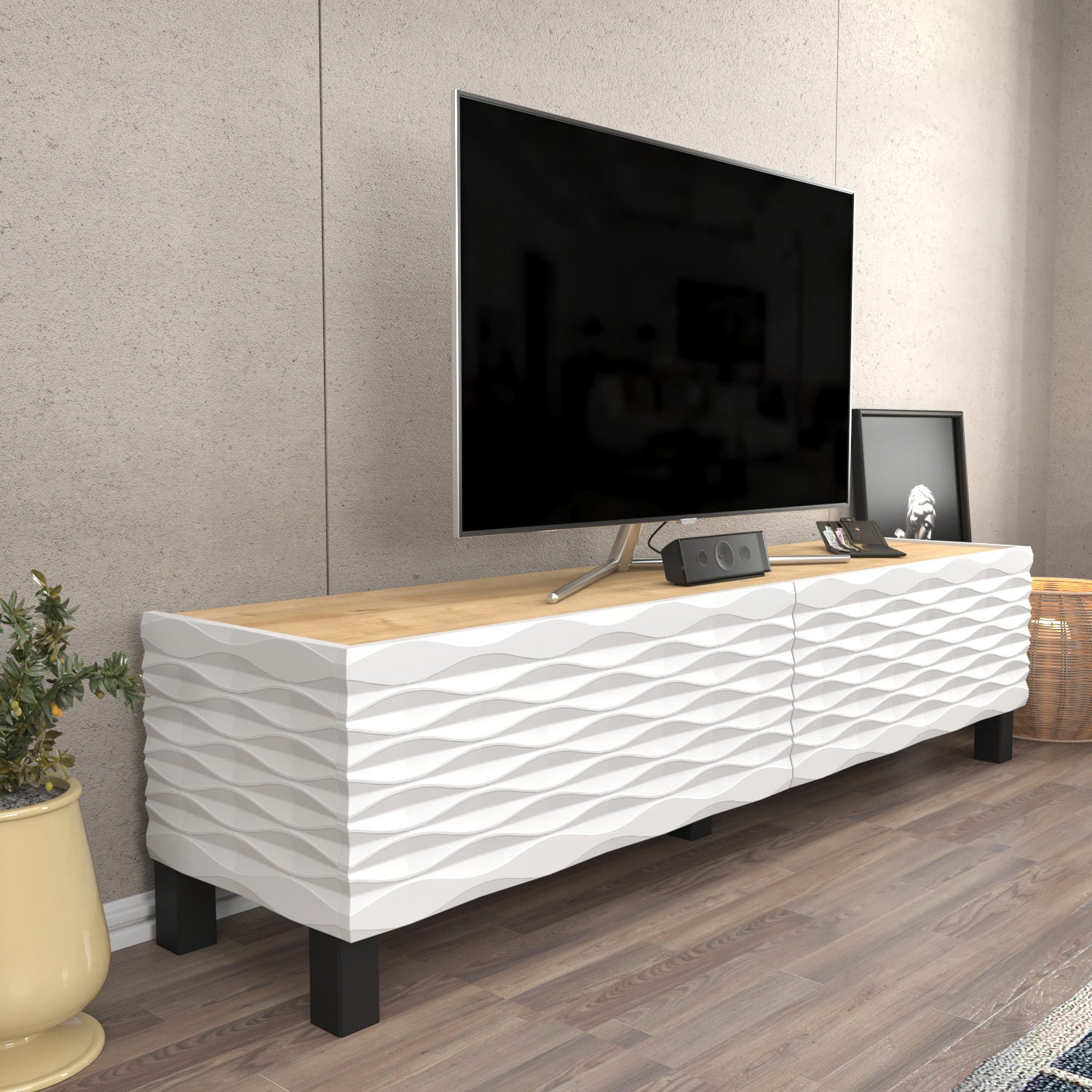 Suporte de TV tradicional, safira e branco, 149,2 x 35 x 38 cm | Painel de partículas 100% revestido de melamina, 18 mm de espessura | Solução de armazenamento elegante para salas de estar