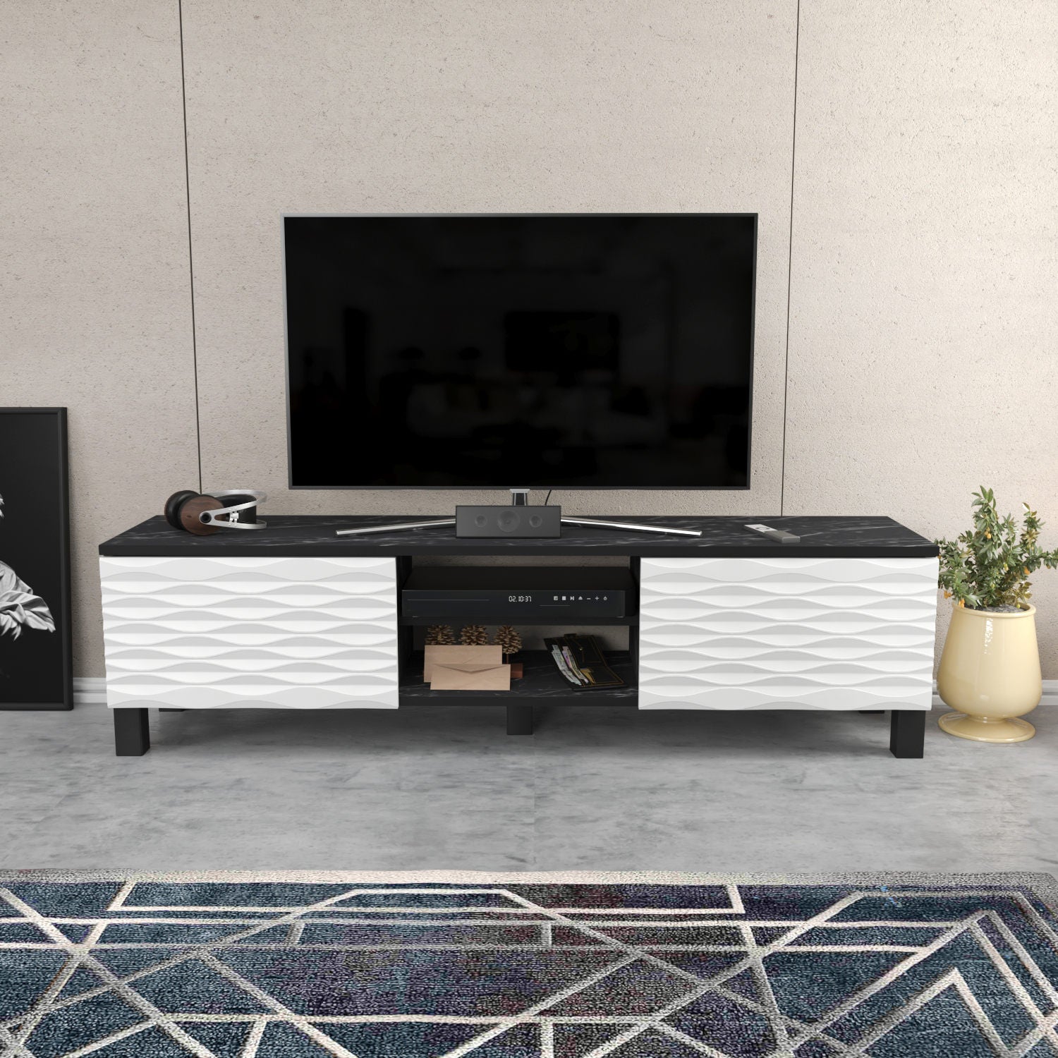 Suporte de TV tradicional, preto e branco, 150 cm x 35 cm x 40,3 cm | Painel de partículas 100% revestido de melamina, 18 mm de espessura | Design elegante e funcional para salas de estar