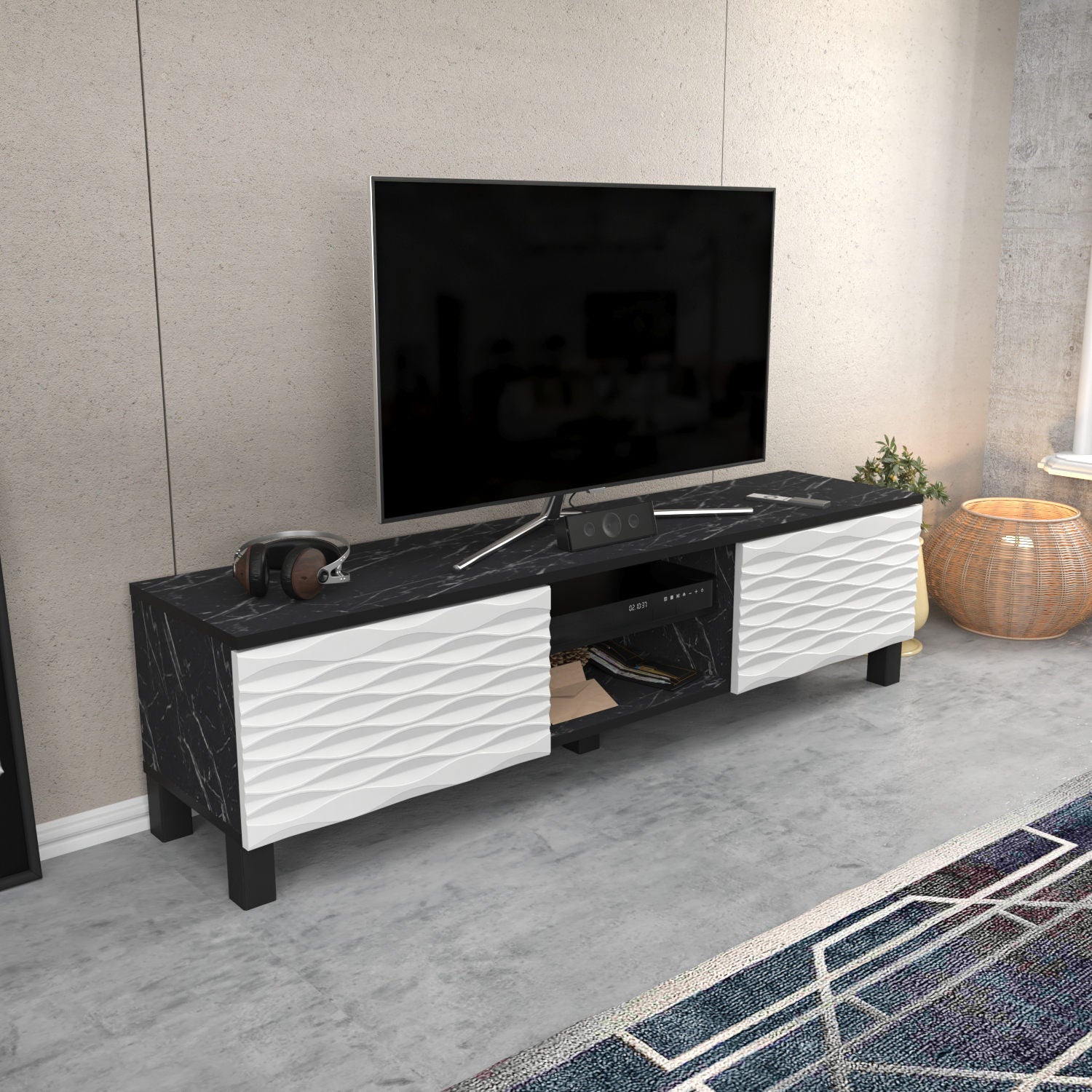 Suporte de TV tradicional, preto e branco, 150 cm x 35 cm x 40,3 cm | Painel de partículas 100% revestido de melamina, 18 mm de espessura | Design elegante e funcional para salas de estar