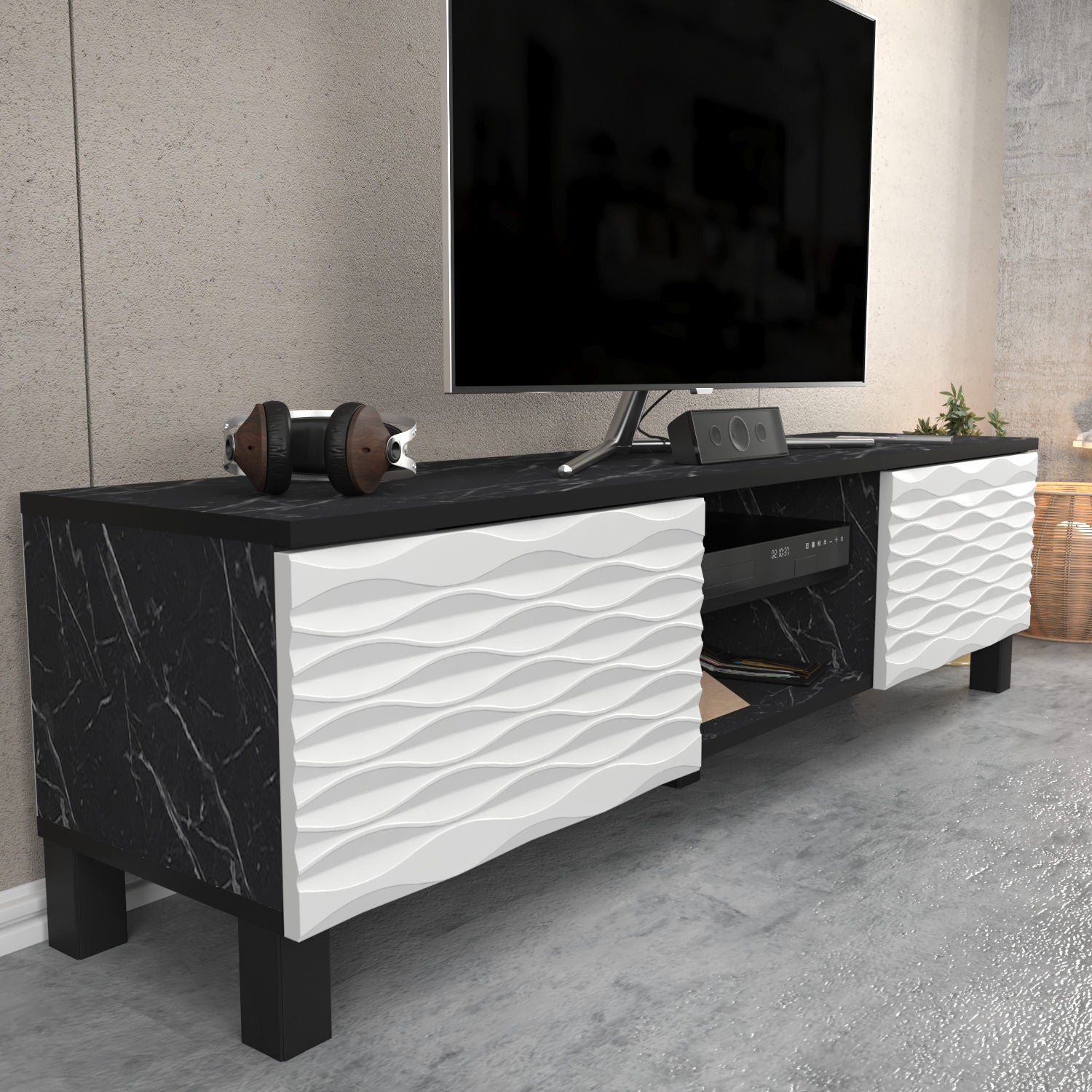 Suporte de TV tradicional, preto e branco, 150 cm x 35 cm x 40,3 cm | Painel de partículas 100% revestido de melamina, 18 mm de espessura | Design elegante e funcional para salas de estar