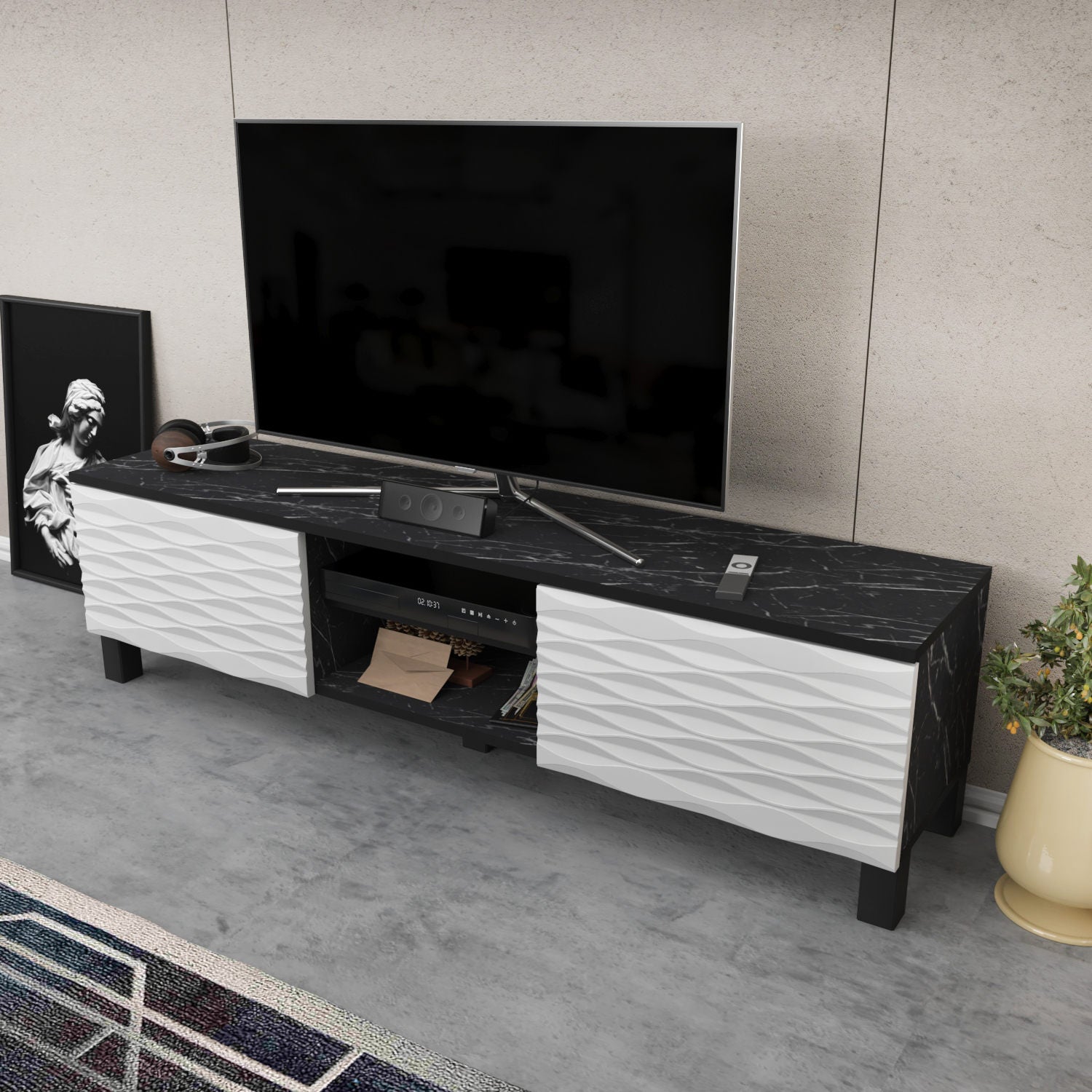 Suporte de TV tradicional, preto e branco, 150 cm x 35 cm x 40,3 cm | Painel de partículas 100% revestido de melamina, 18 mm de espessura | Design elegante e funcional para salas de estar