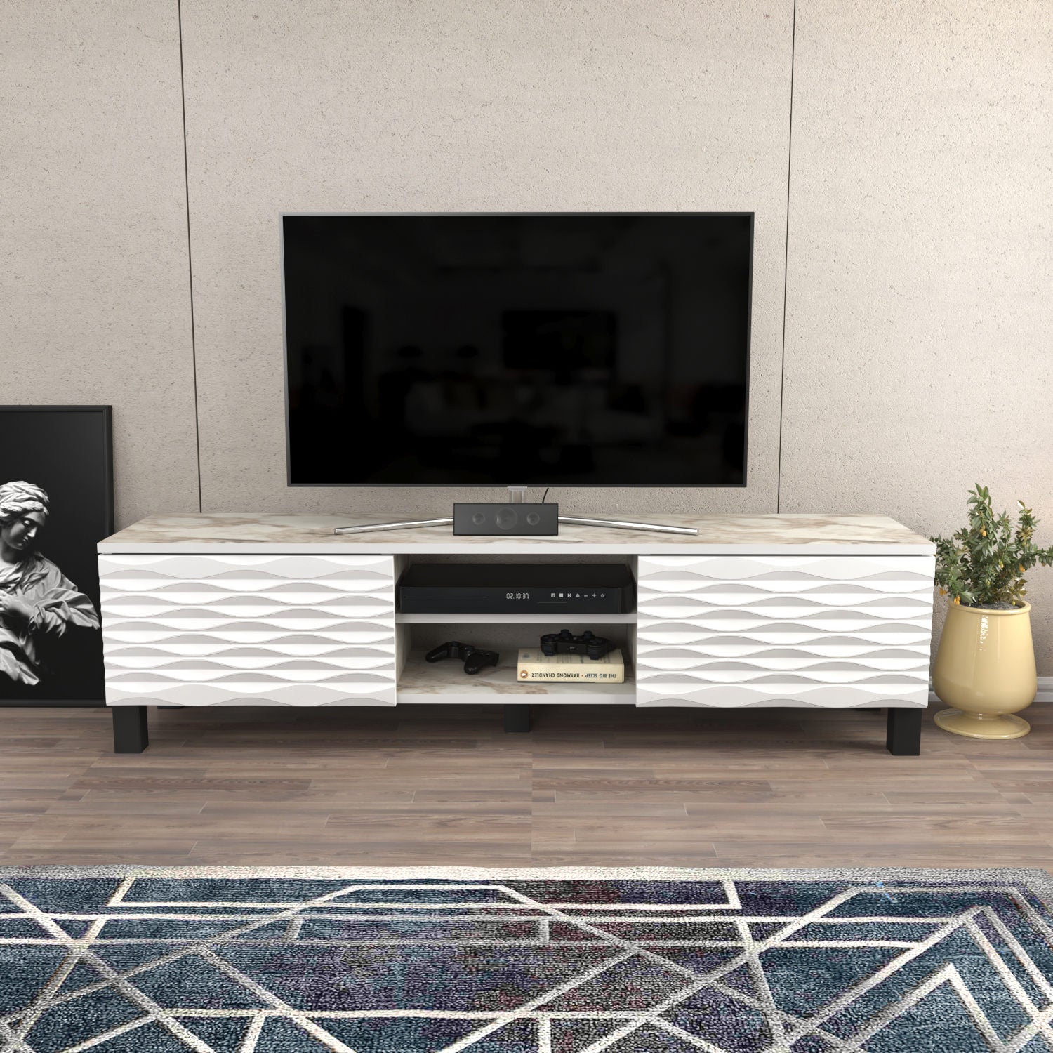 Suporte de TV tradicional branco, 150 cm x 35 cm x 40,3 cm | Painel de partículas 100% revestido de melamina, 18 mm de espessura | Design elegante e funcional para salas de estar