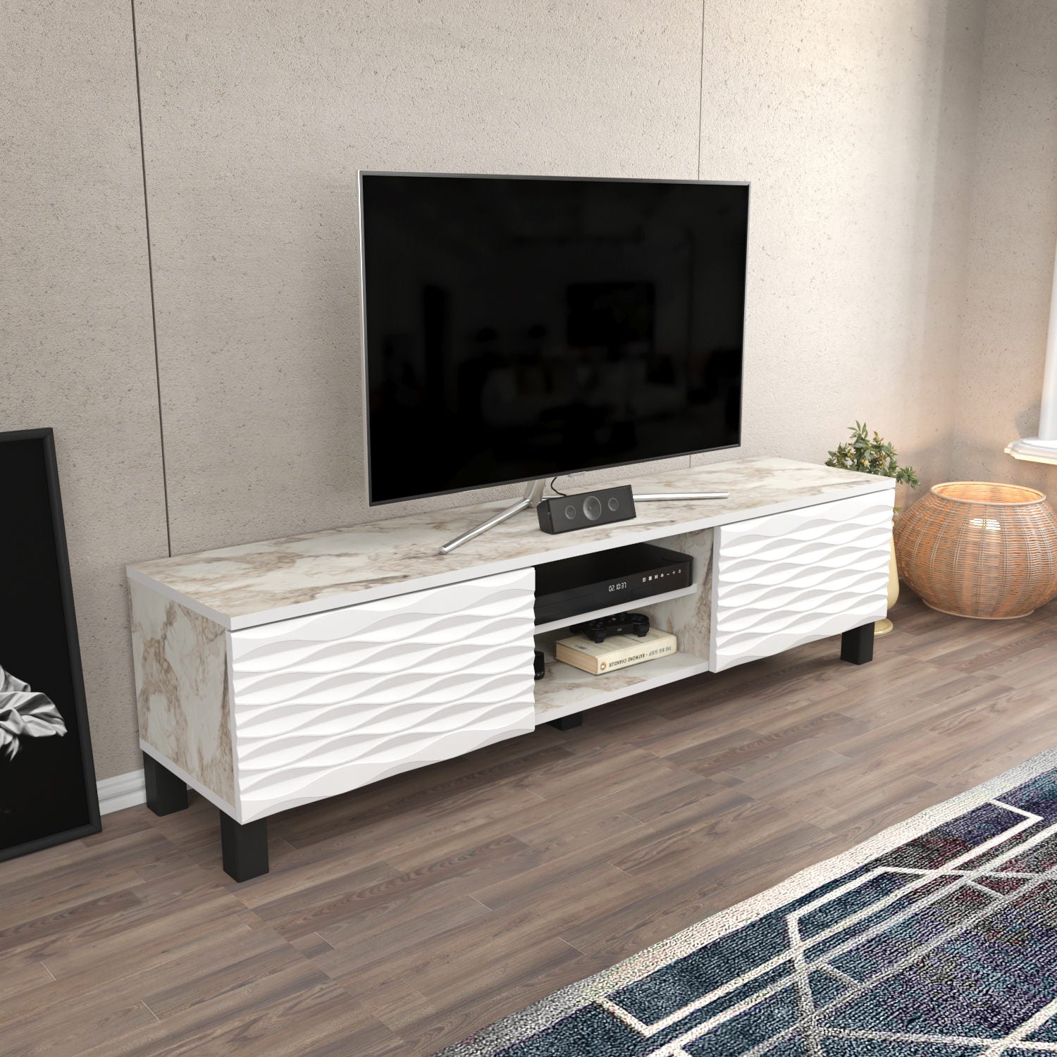 Suporte de TV tradicional branco, 150 cm x 35 cm x 40,3 cm | Painel de partículas 100% revestido de melamina, 18 mm de espessura | Design elegante e funcional para salas de estar