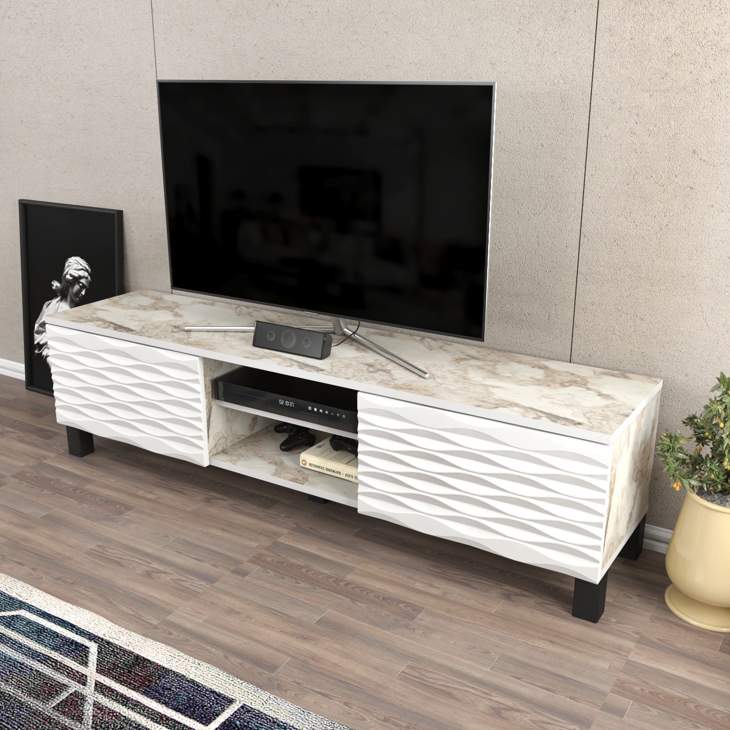 Suporte de TV tradicional branco, 150 cm x 35 cm x 40,3 cm | Painel de partículas 100% revestido de melamina, 18 mm de espessura | Design elegante e funcional para salas de estar