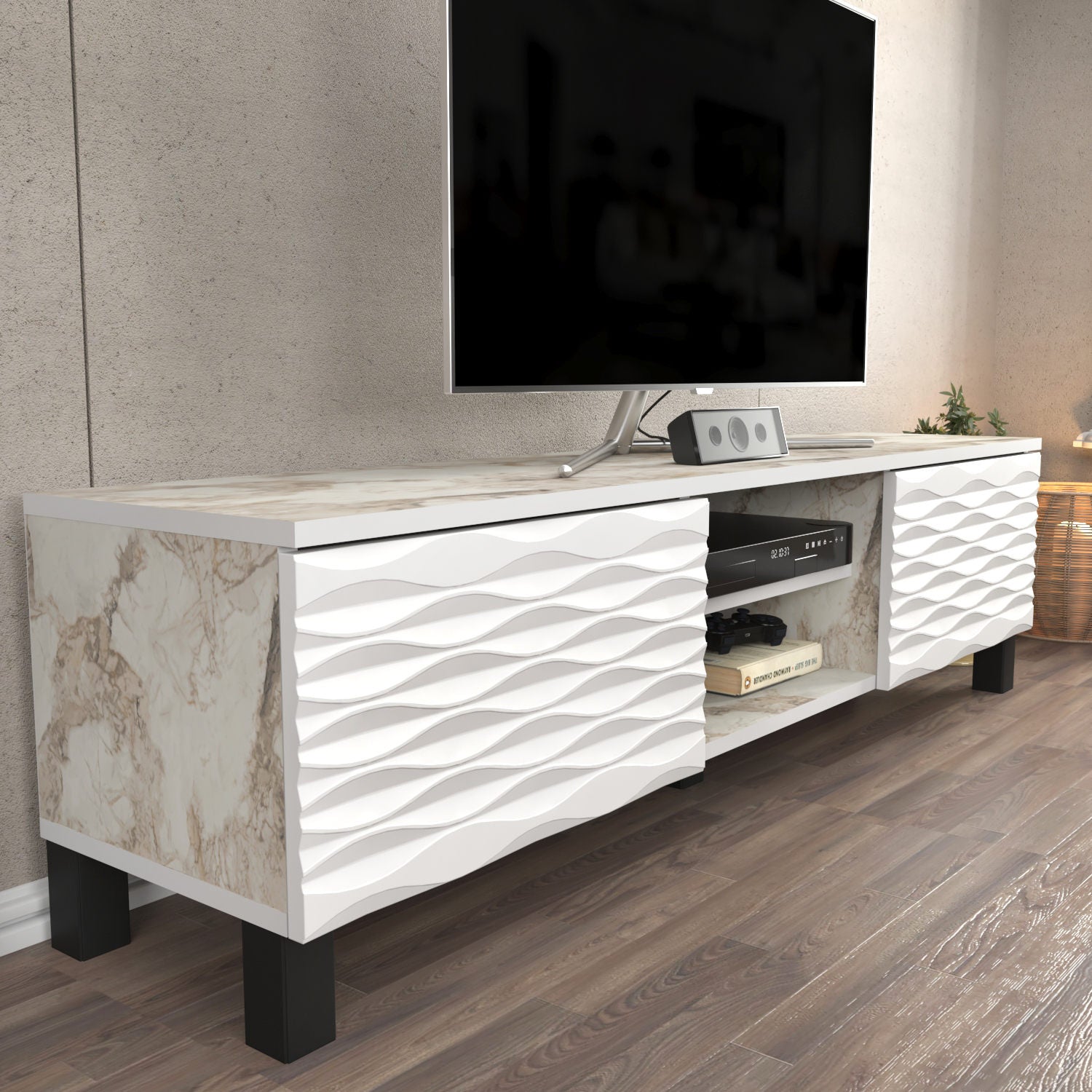 Suporte de TV tradicional branco, 150 cm x 35 cm x 40,3 cm | Painel de partículas 100% revestido de melamina, 18 mm de espessura | Design elegante e funcional para salas de estar