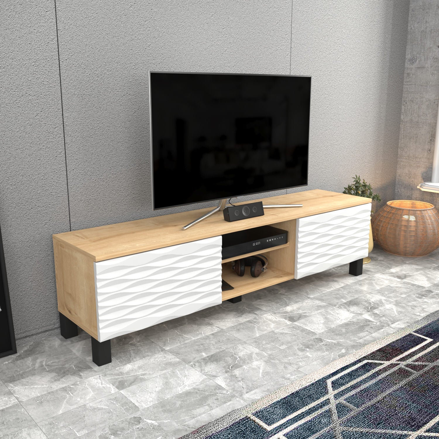 Suporte de TV tradicional, safira e branco, 150 cm x 35 cm x 40,3 cm | Painel de partículas 100% revestido de melamina, 18 mm de espessura | Design elegante e funcional para salas de estar