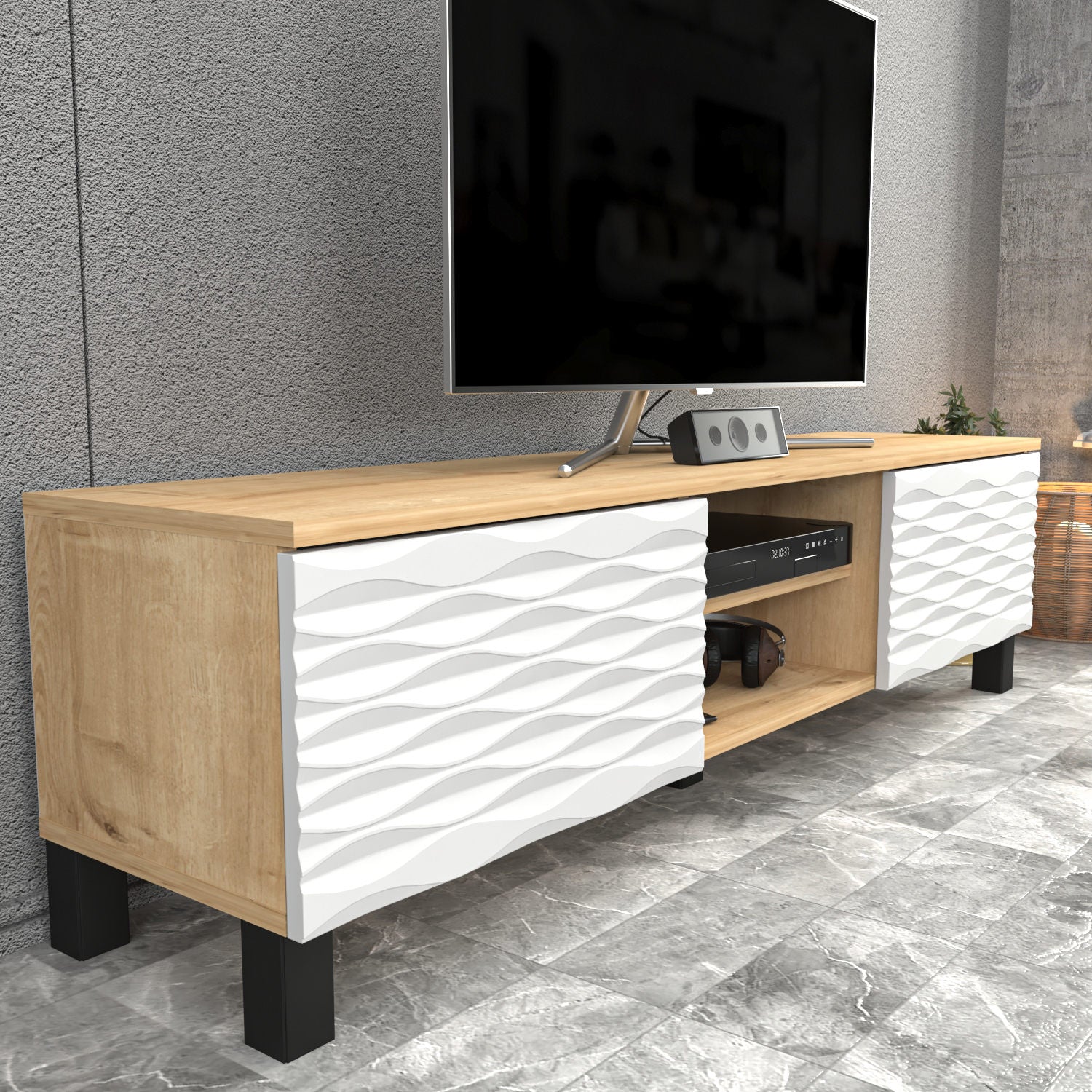 Suporte de TV tradicional, safira e branco, 150 cm x 35 cm x 40,3 cm | Painel de partículas 100% revestido de melamina, 18 mm de espessura | Design elegante e funcional para salas de estar