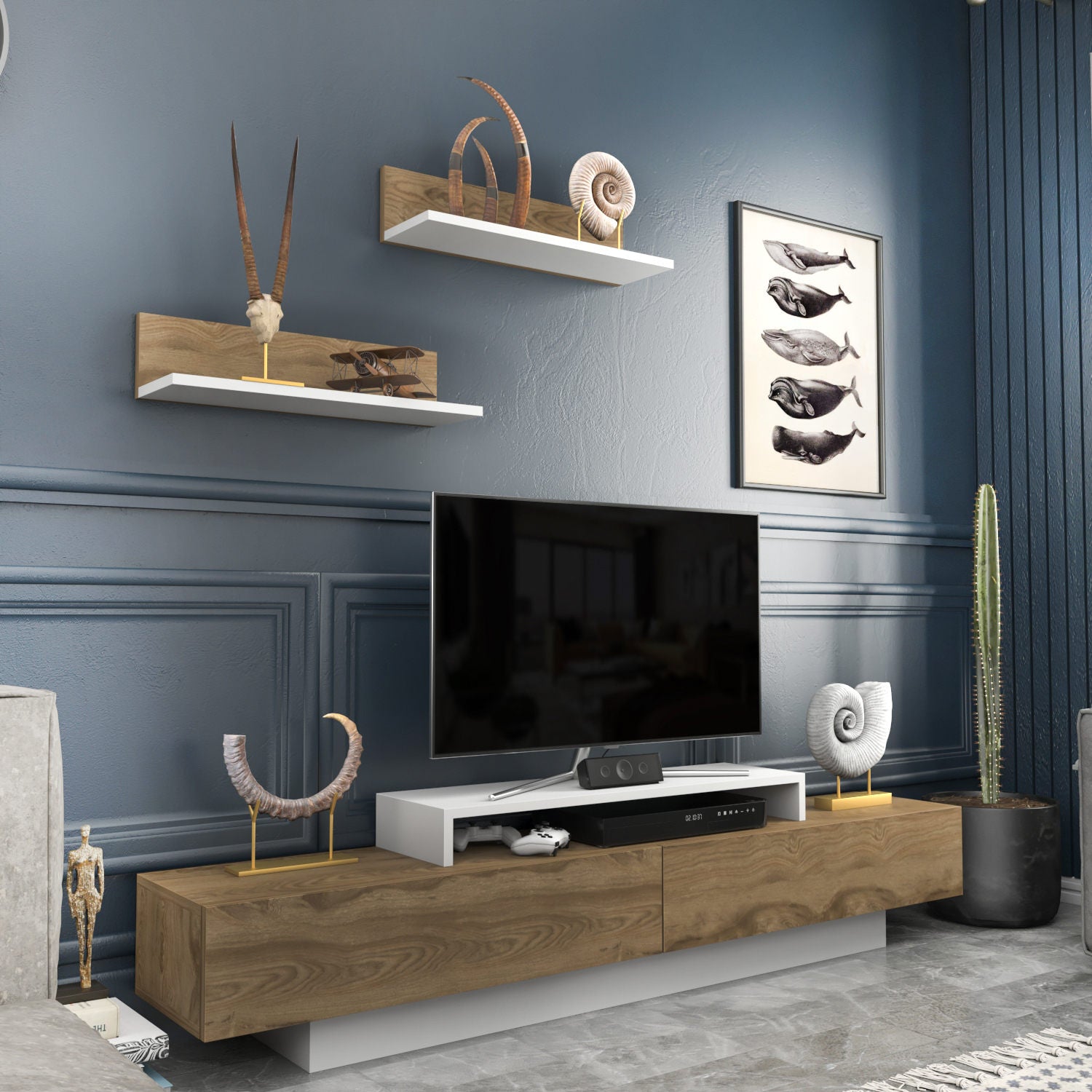 Móvel de TV escandinavo, carvalho branco e carvalho, 180 x 31 x 40 cm | Painel de partículas 100% revestido em melamina, 18 mm de espessura | Design elegante e funcional para salas de estar modernas
