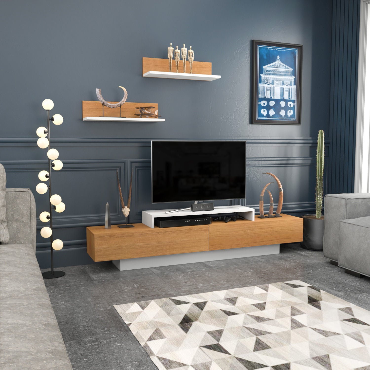 Móvel de TV escandinavo, branco e teca, 180 x 31 x 40 cm | Painel de partículas 100% revestido em melamina, 18 mm de espessura | Inclui 2 prateleiras de parede, design elegante e funcional