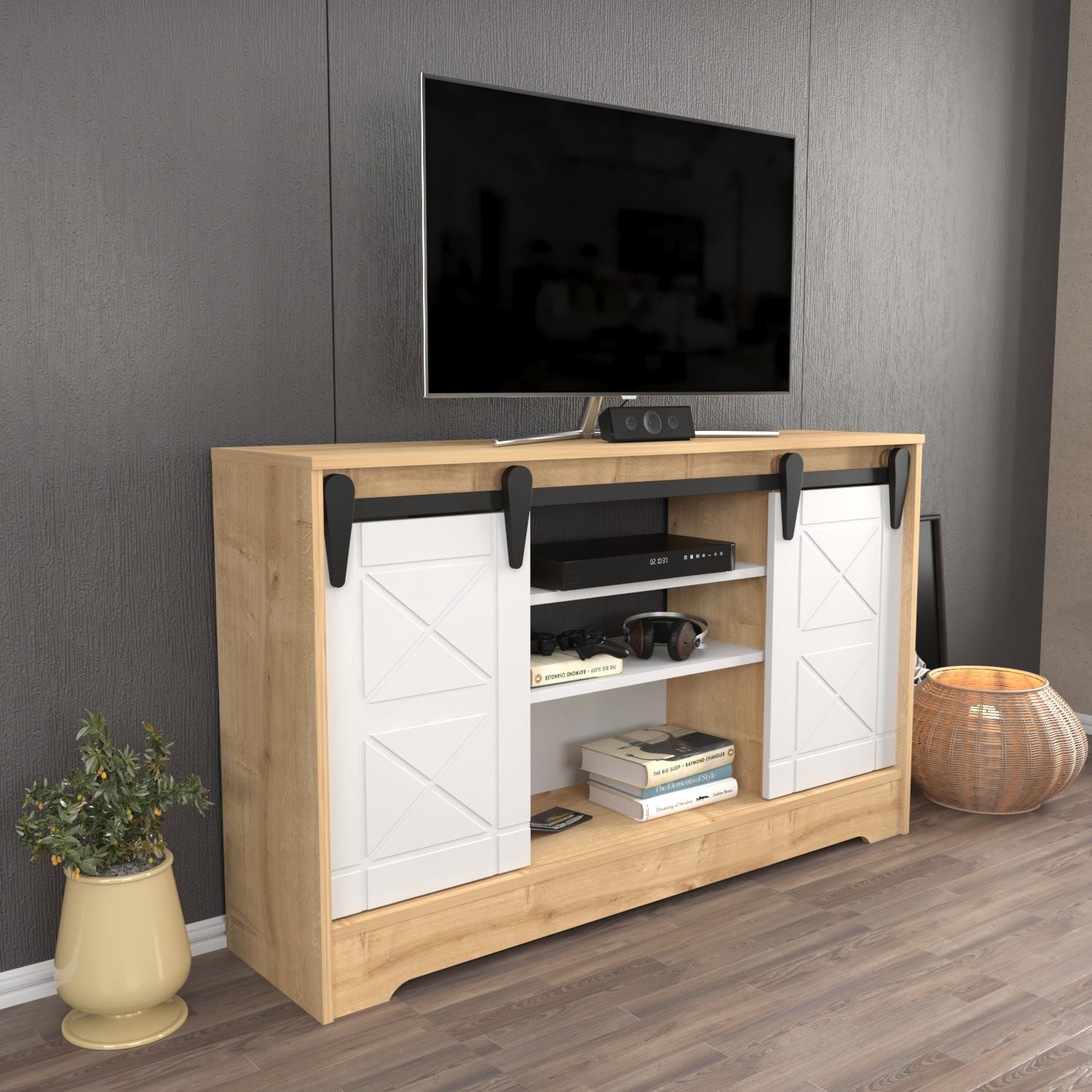 Suporte de TV tradicional, safira e branco, 140 x 35 x 85 cm | Painel de partículas 100% revestido de melamina, 18 mm de espessura | Armazenamento elegante para sala de estar