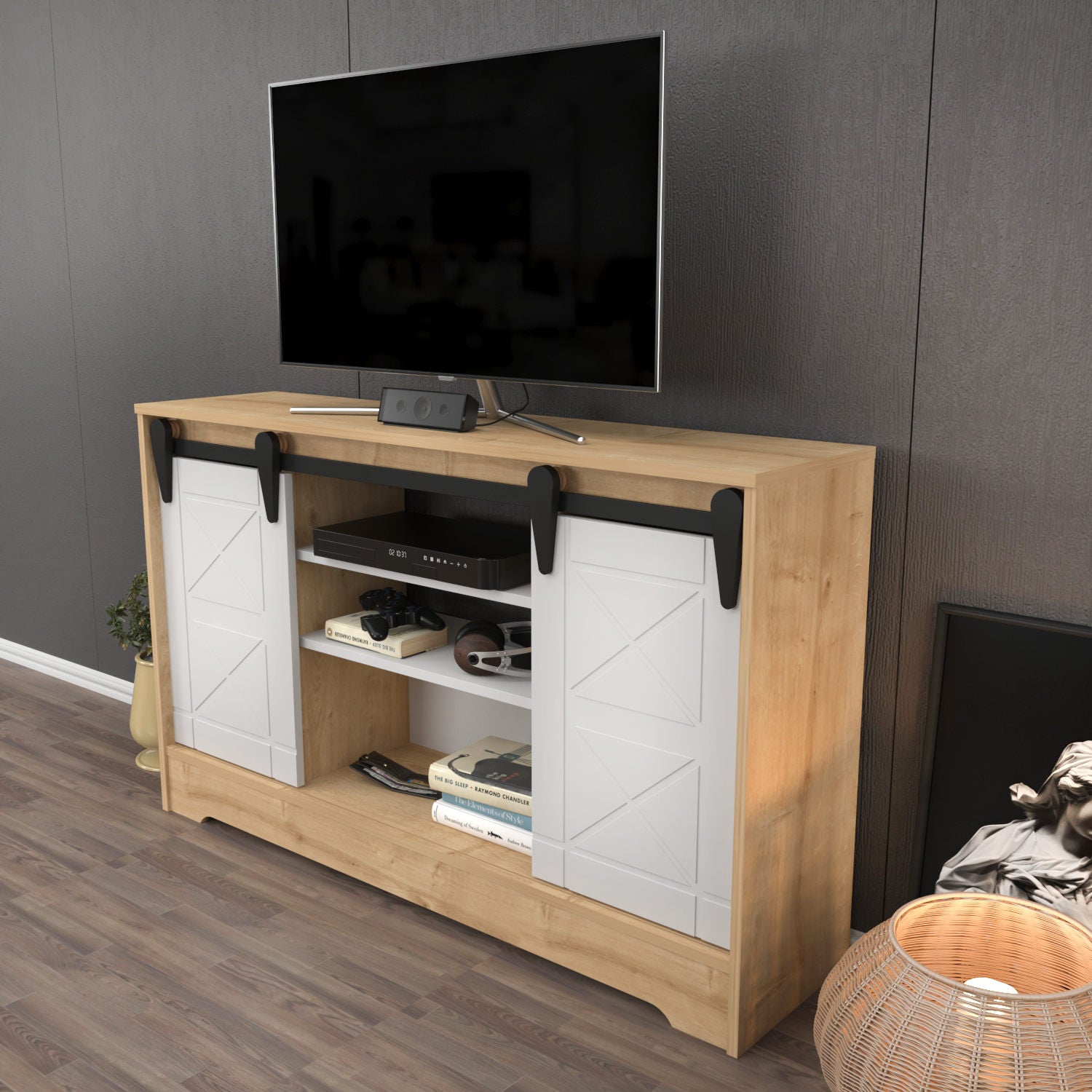 Suporte de TV tradicional, safira e branco, 140 x 35 x 85 cm | Painel de partículas 100% revestido de melamina, 18 mm de espessura | Armazenamento elegante para sala de estar