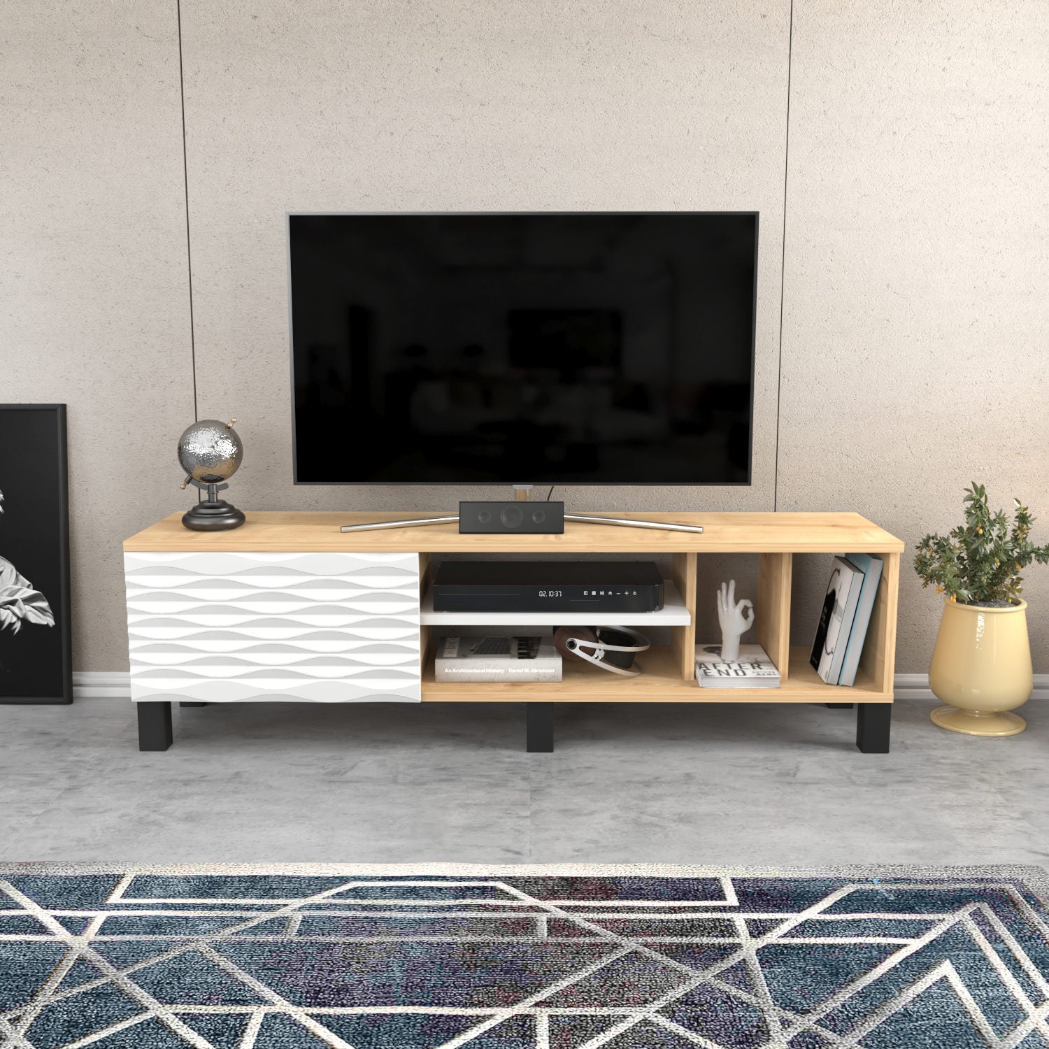 Suporte de TV tradicional, safira e branco, 140 x 35 x 40,3 cm | Painel de partículas 100% revestido de melamina, 18 mm de espessura | Design elegante para sala de estar