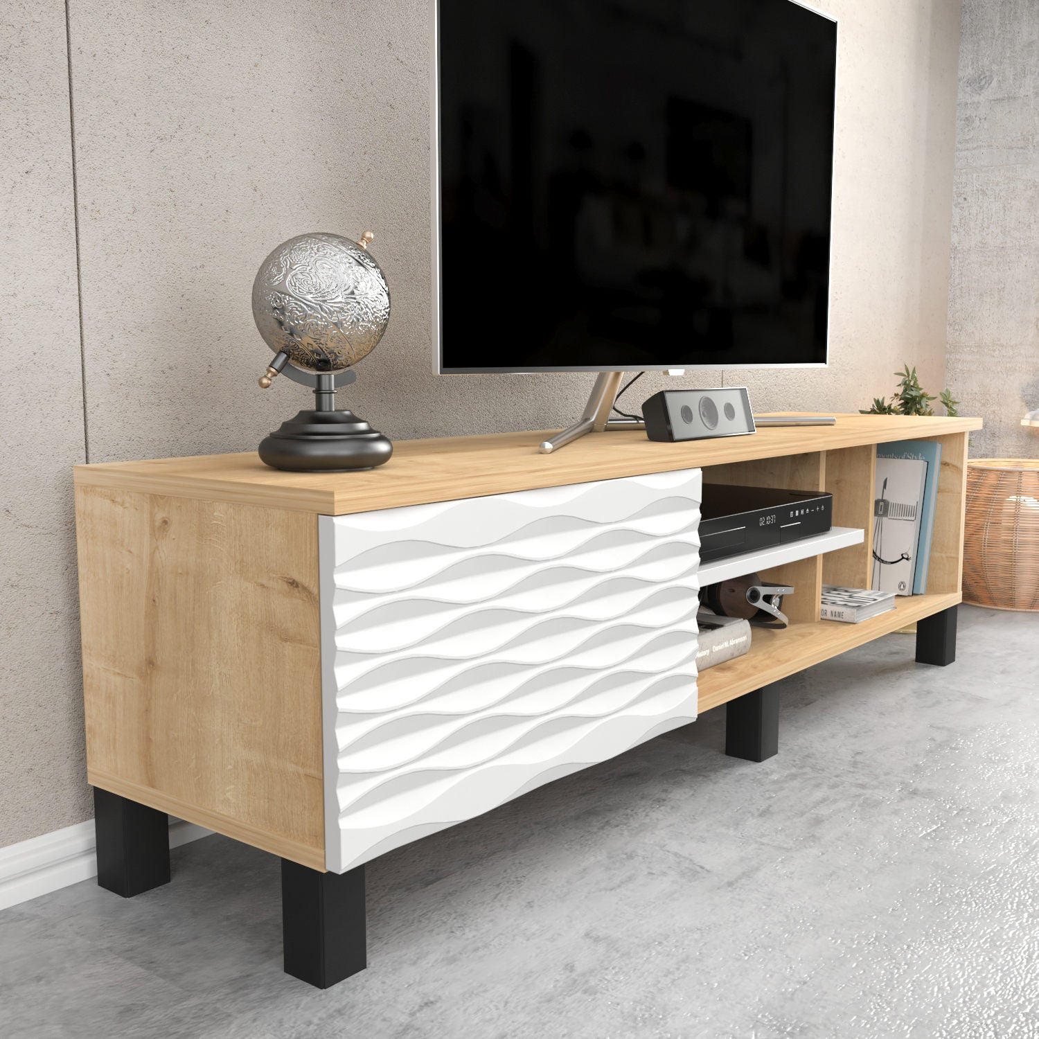 Suporte de TV tradicional, safira e branco, 140 x 35 x 40,3 cm | Painel de partículas 100% revestido de melamina, 18 mm de espessura | Design elegante para sala de estar
