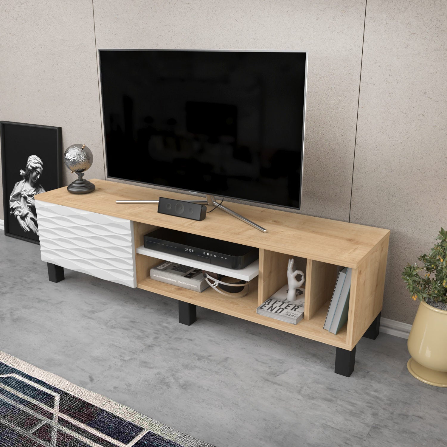Suporte de TV tradicional, safira e branco, 140 x 35 x 40,3 cm | Painel de partículas 100% revestido de melamina, 18 mm de espessura | Design elegante para sala de estar