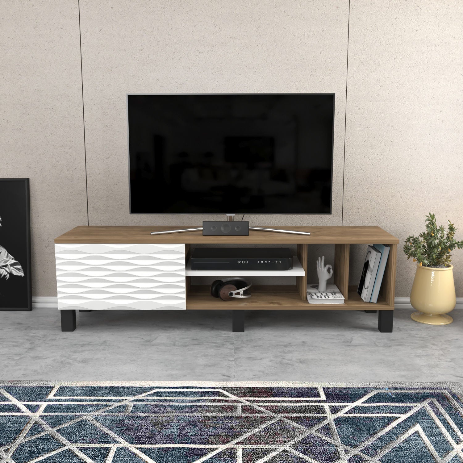 Suporte de TV tradicional, nogueira e branco, 140 cm x 35 cm x 40,3 cm | Painel de partículas 100% revestido de melamina, 18 mm de espessura | Design elegante e funcional para salas de estar