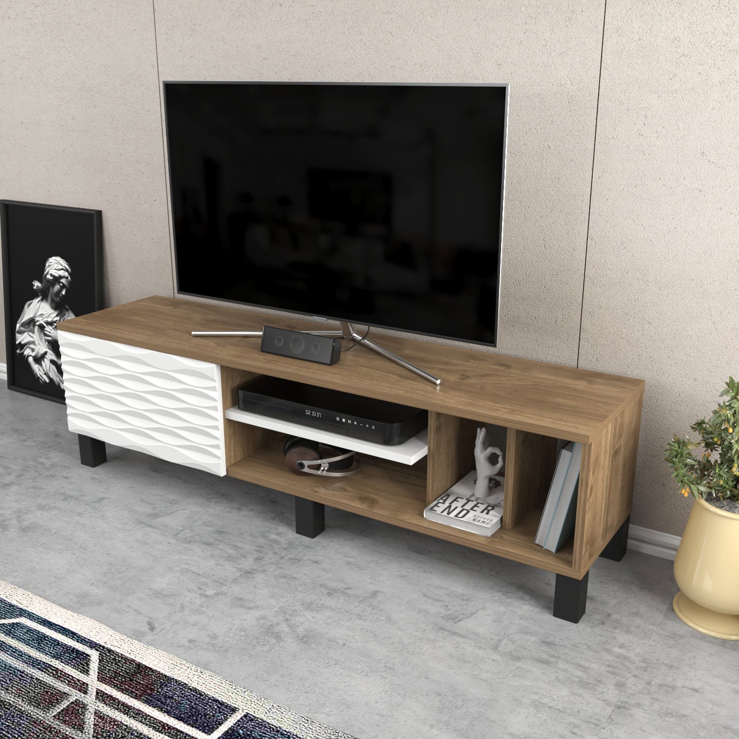 Suporte de TV tradicional, nogueira e branco, 140 cm x 35 cm x 40,3 cm | Painel de partículas 100% revestido de melamina, 18 mm de espessura | Design elegante e funcional para salas de estar