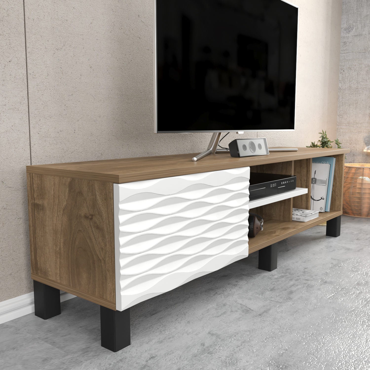 Suporte de TV tradicional, nogueira e branco, 140 cm x 35 cm x 40,3 cm | Painel de partículas 100% revestido de melamina, 18 mm de espessura | Design elegante e funcional para salas de estar