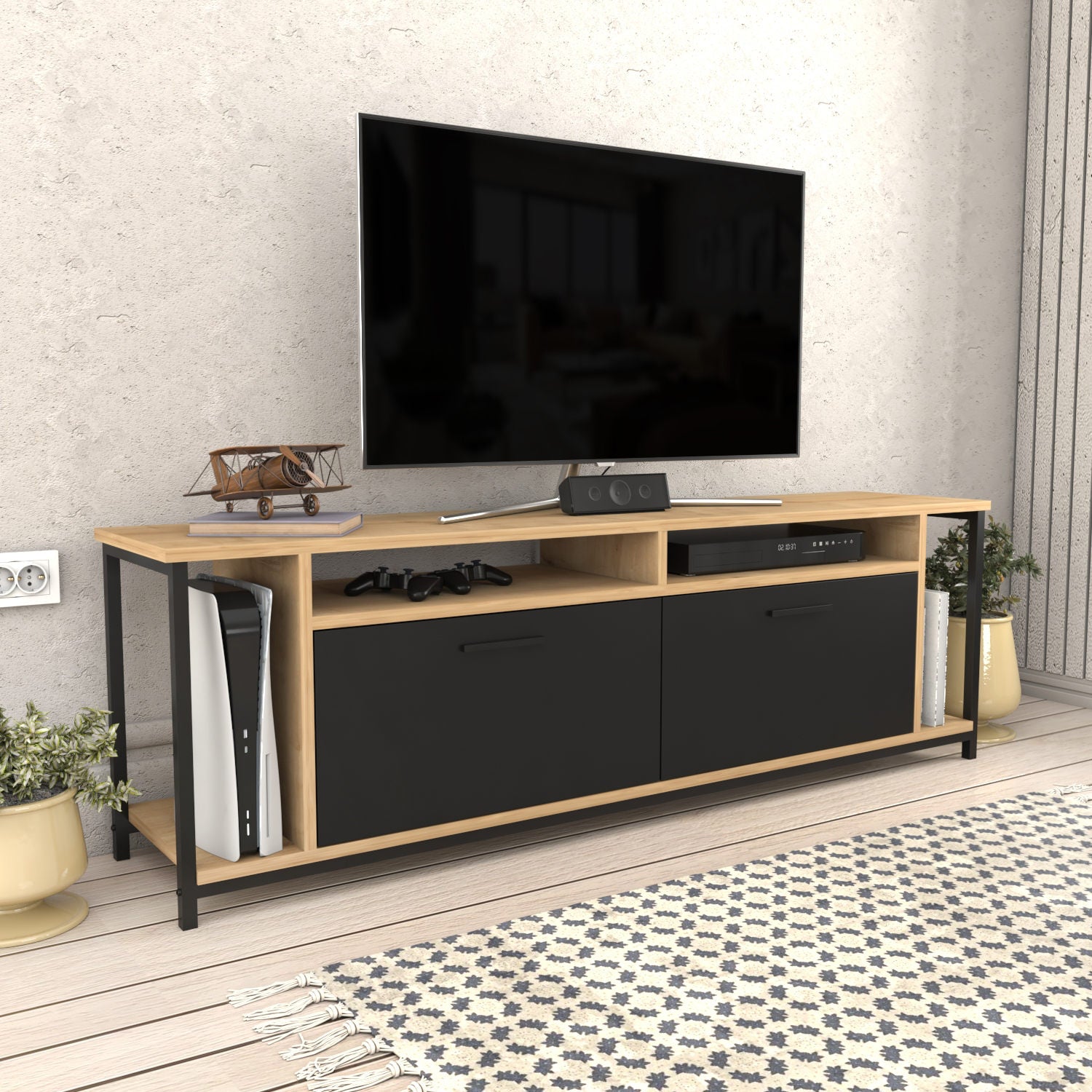 Suporte de TV industrial, carvalho e preto, 160 x 35 x 50,8 cm | Painel de partículas 100% revestido de melamina, 18 mm de espessura | Elegante e funcional para salas de estar modernas