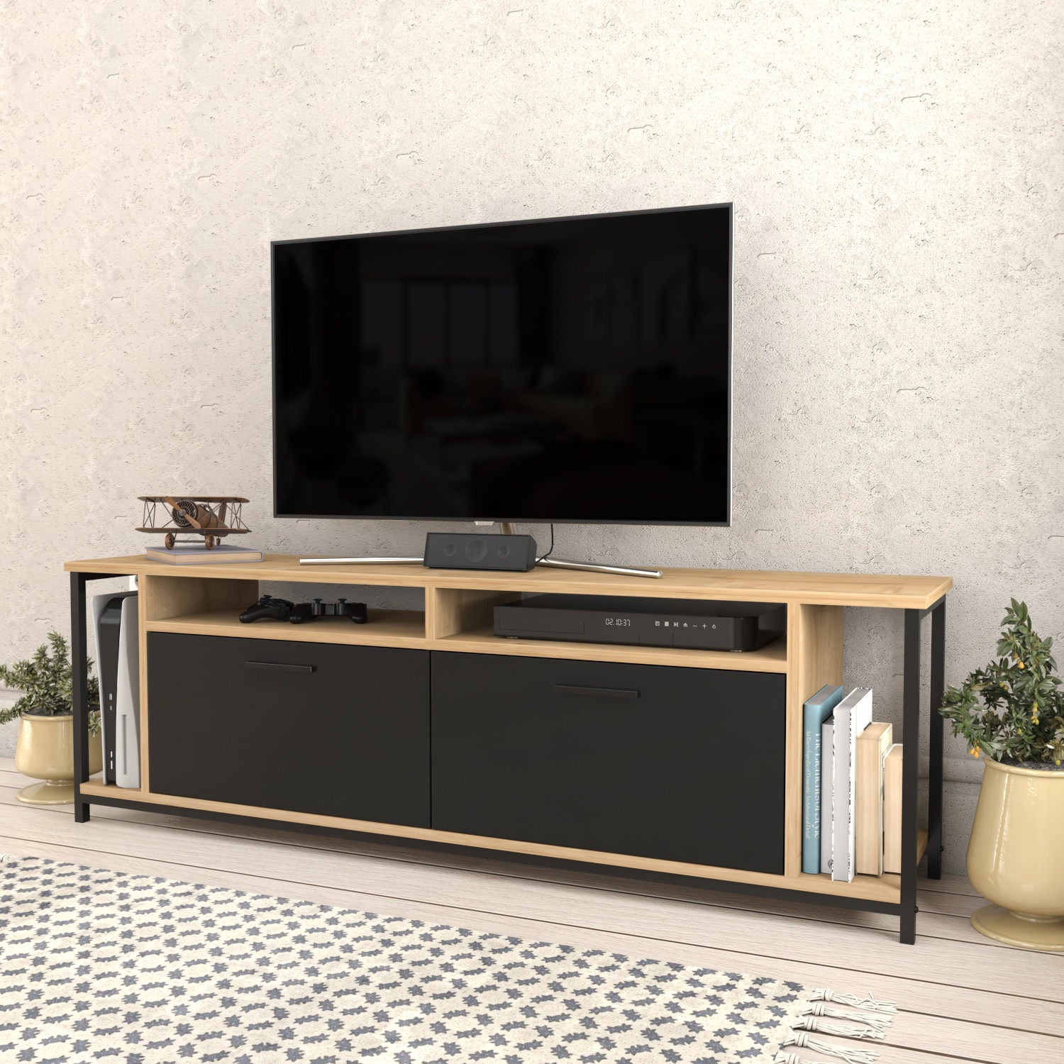 Suporte de TV industrial, carvalho e preto, 160 x 35 x 50,8 cm | Painel de partículas 100% revestido de melamina, 18 mm de espessura | Elegante e funcional para salas de estar modernas