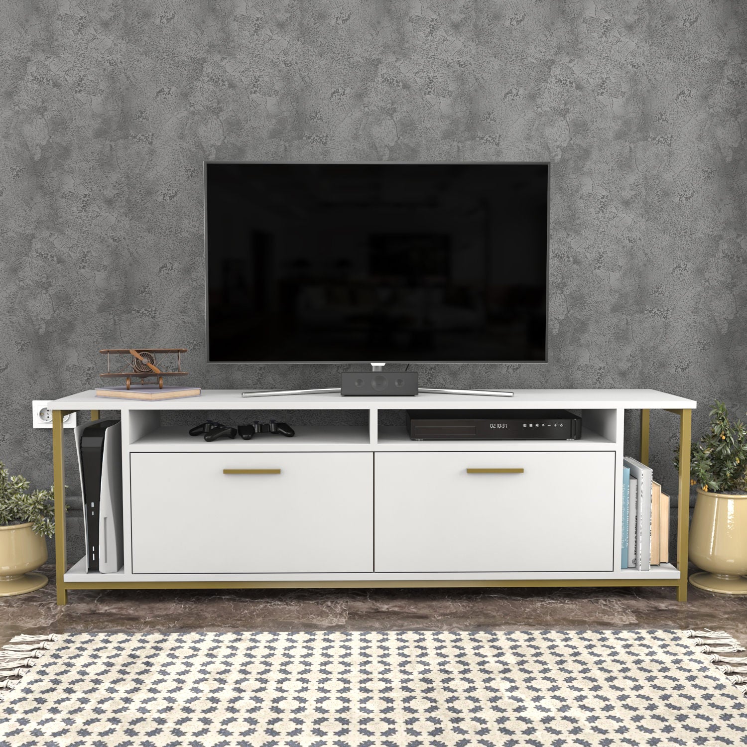 Suporte de TV elegante, branco e dourado, 160 cm x 35 cm x 50,8 cm | Painel de partículas 100% revestido de melamina, 18 mm de espessura | Elegante e funcional para salas de estar modernas