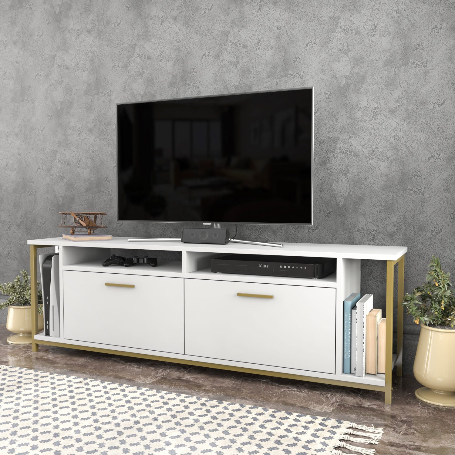 Suporte de TV elegante, branco e dourado, 160 cm x 35 cm x 50,8 cm | Painel de partículas 100% revestido de melamina, 18 mm de espessura | Elegante e funcional para salas de estar modernas
