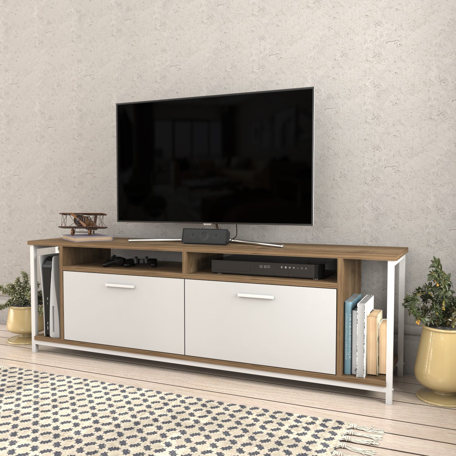 Suporte de TV elegante, 160 cm de largura, branco e nogueira, 100% aglomerado revestido em melamina, 18 mm de espessura | Design moderno para salas de estar e espaços de entretenimento