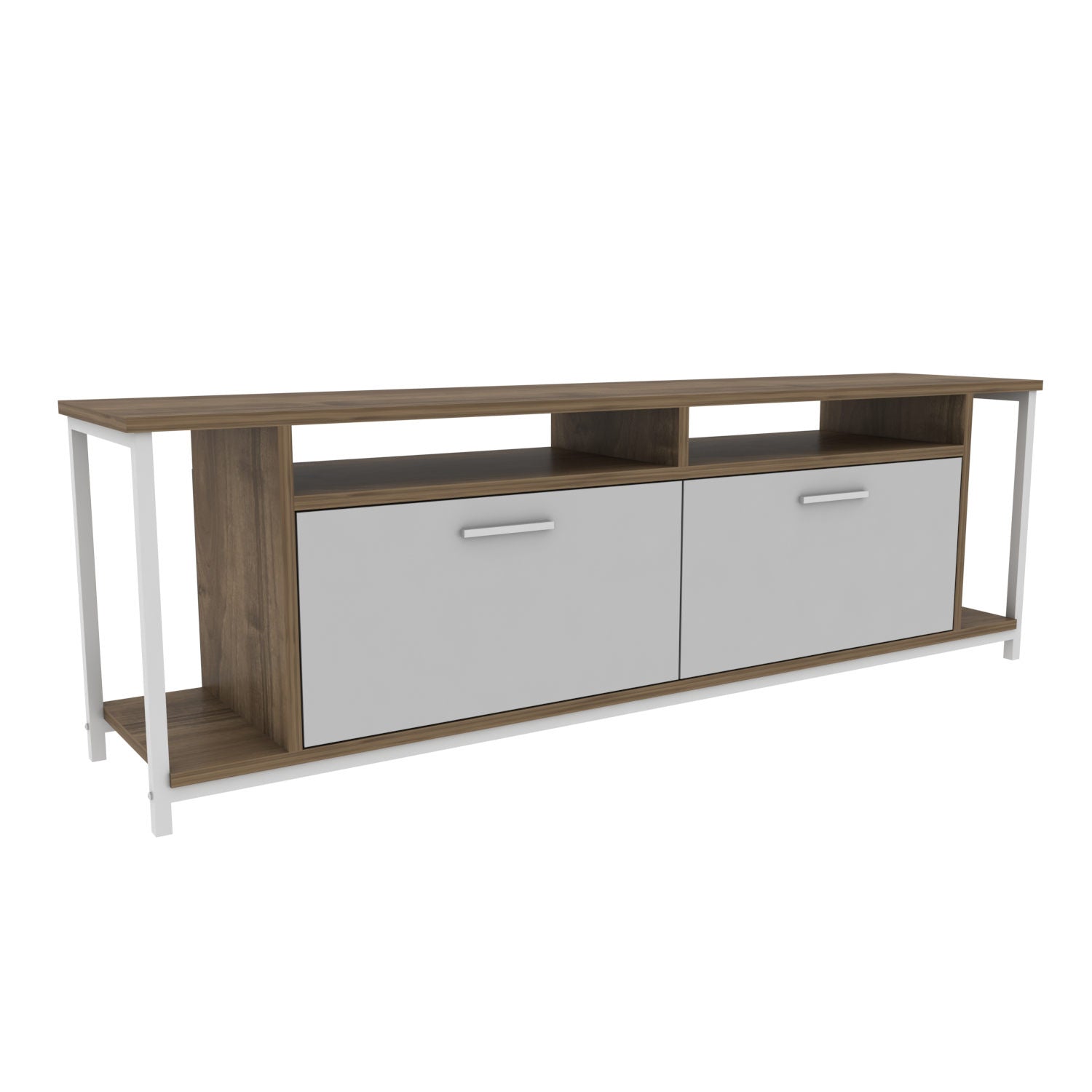 Suporte de TV elegante, 160 cm de largura, branco e nogueira, 100% aglomerado revestido em melamina, 18 mm de espessura | Design moderno para salas de estar e espaços de entretenimento