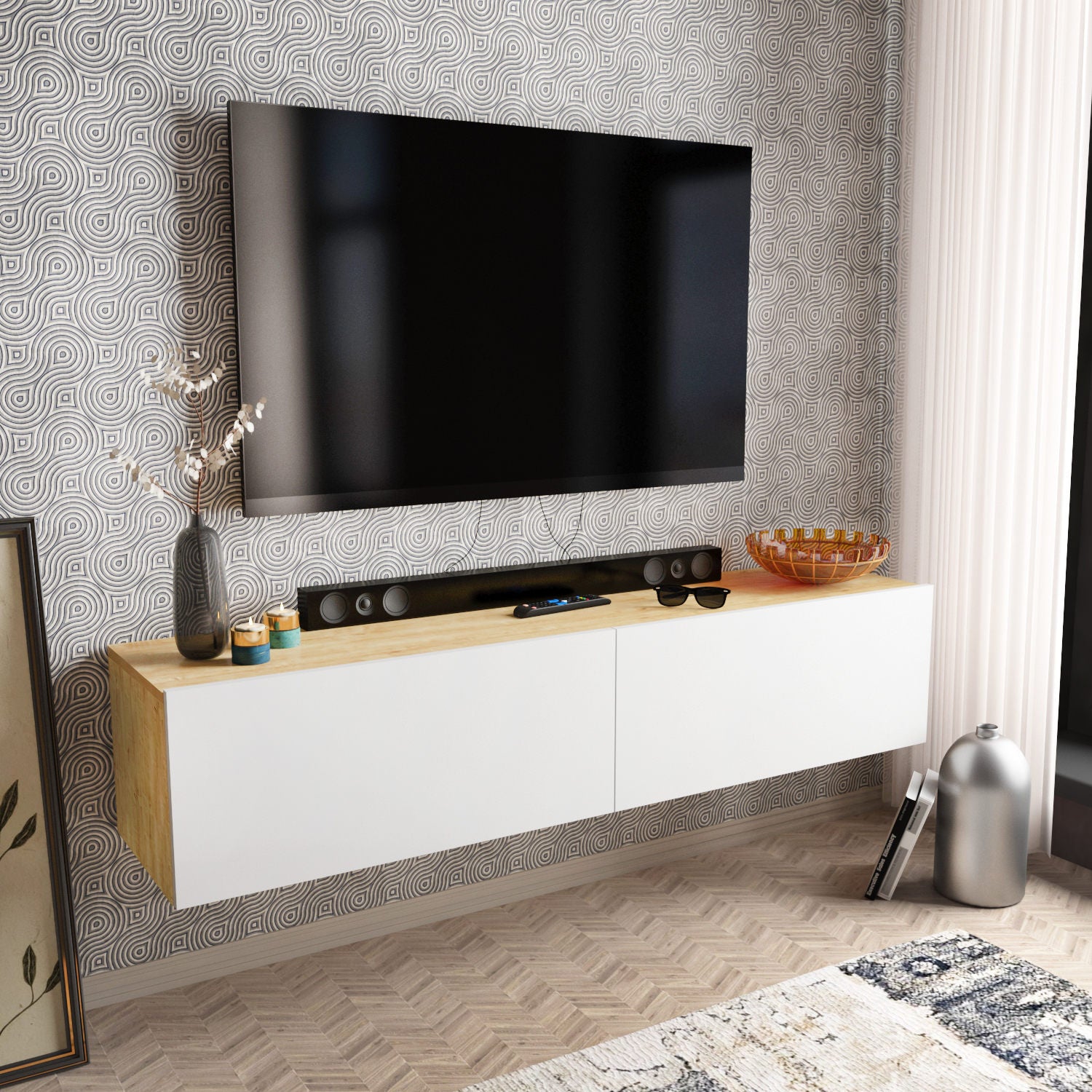 Suporte de TV escandinavo, branco e safira, 159,7 x 36,8 x 34,1 cm | Painel de partículas 100% revestido de melamina, 18 mm de espessura | Design elegante e funcional para salas de estar modernas