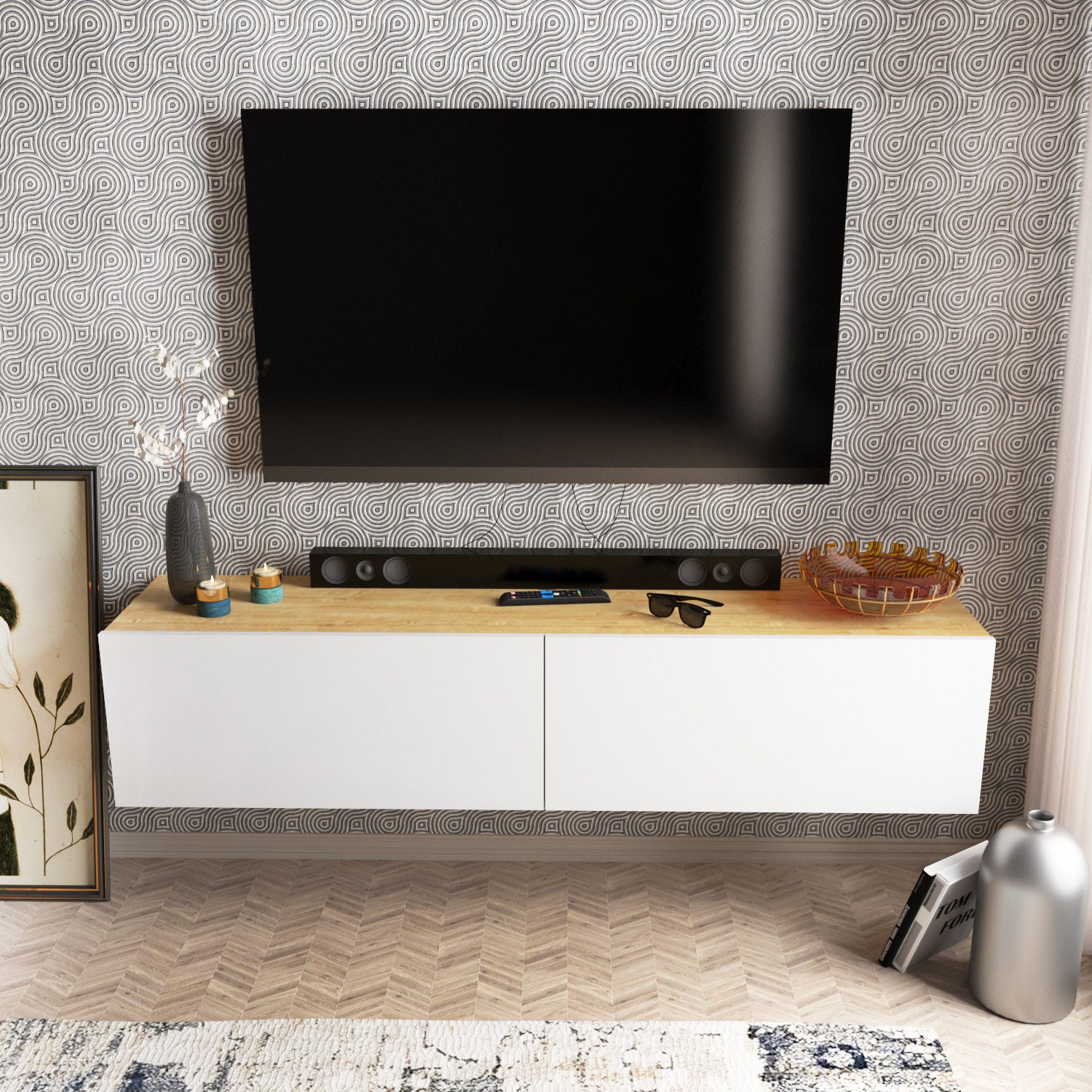 Suporte de TV escandinavo, branco e nogueira, 159,7 x 36,8 x 34,1 cm | Painel de partículas 100% revestido de melamina, 18 mm de espessura | Design elegante e funcional para salas de estar modernas