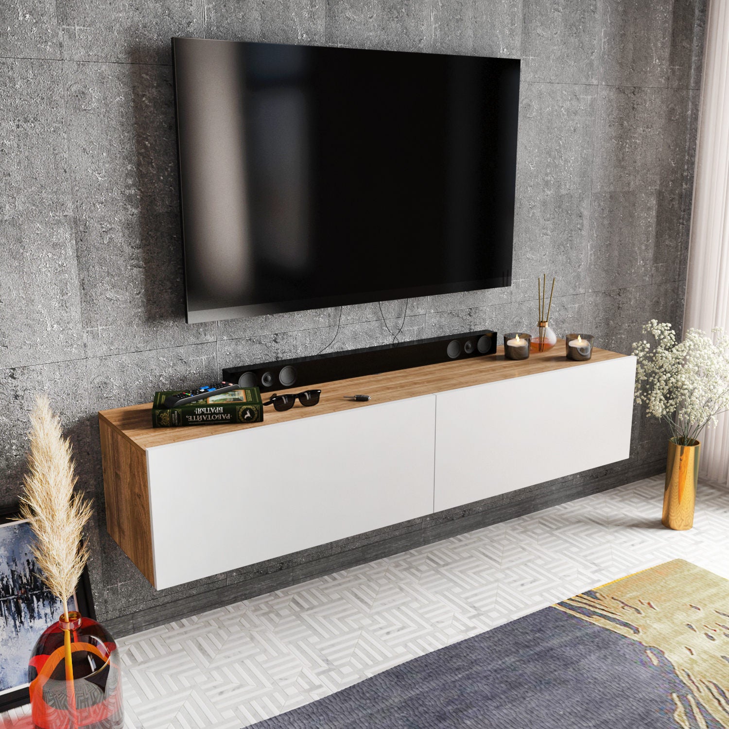 Suporte de TV escandinavo, branco e nogueira, 159,7 x 36,8 x 34,1 cm | Painel de partículas 100% revestido de melamina, 18 mm de espessura | Design elegante e funcional para salas de estar modernas