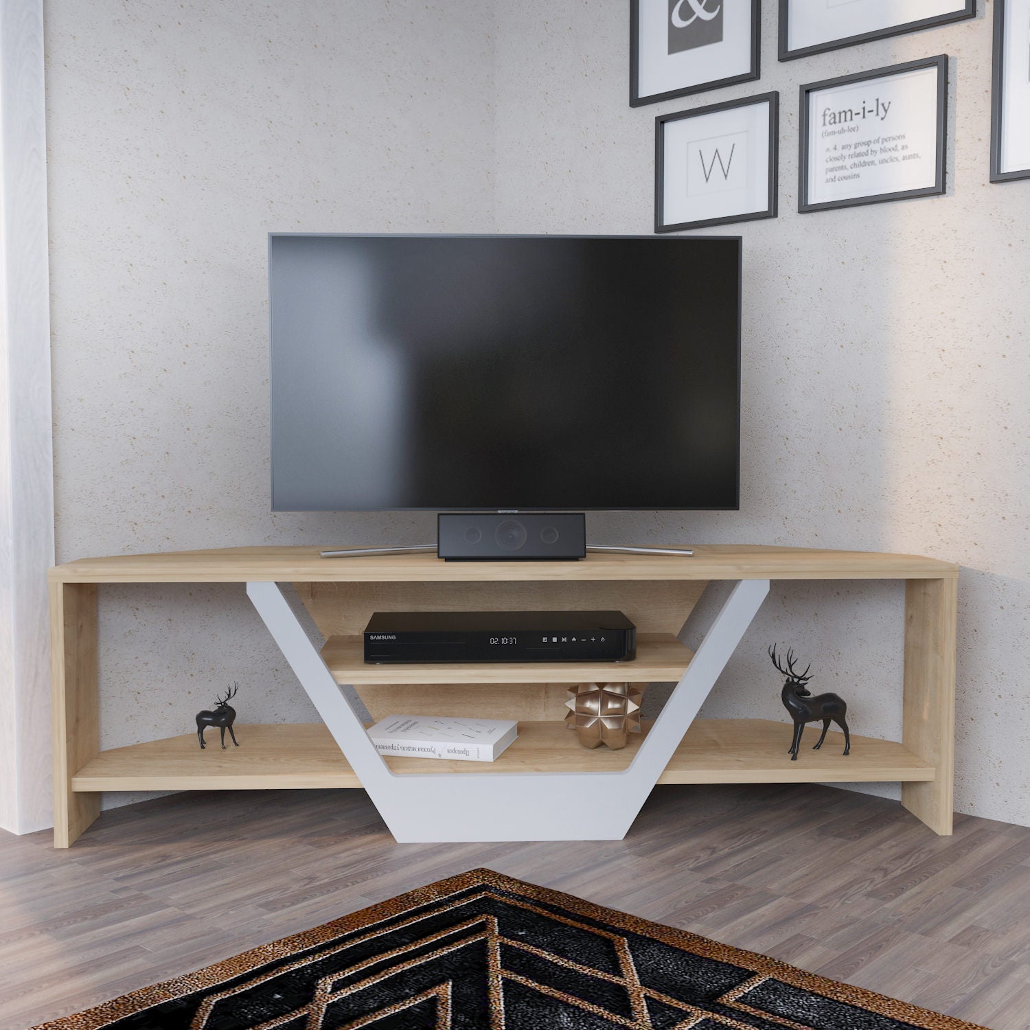 Suporte de TV escandinavo, branco e carvalho, 120 x 35 x 36,8 cm | Painel de partículas 100% revestido de melamina, 18 mm de espessura | Elegante e funcional para salas de estar modernas