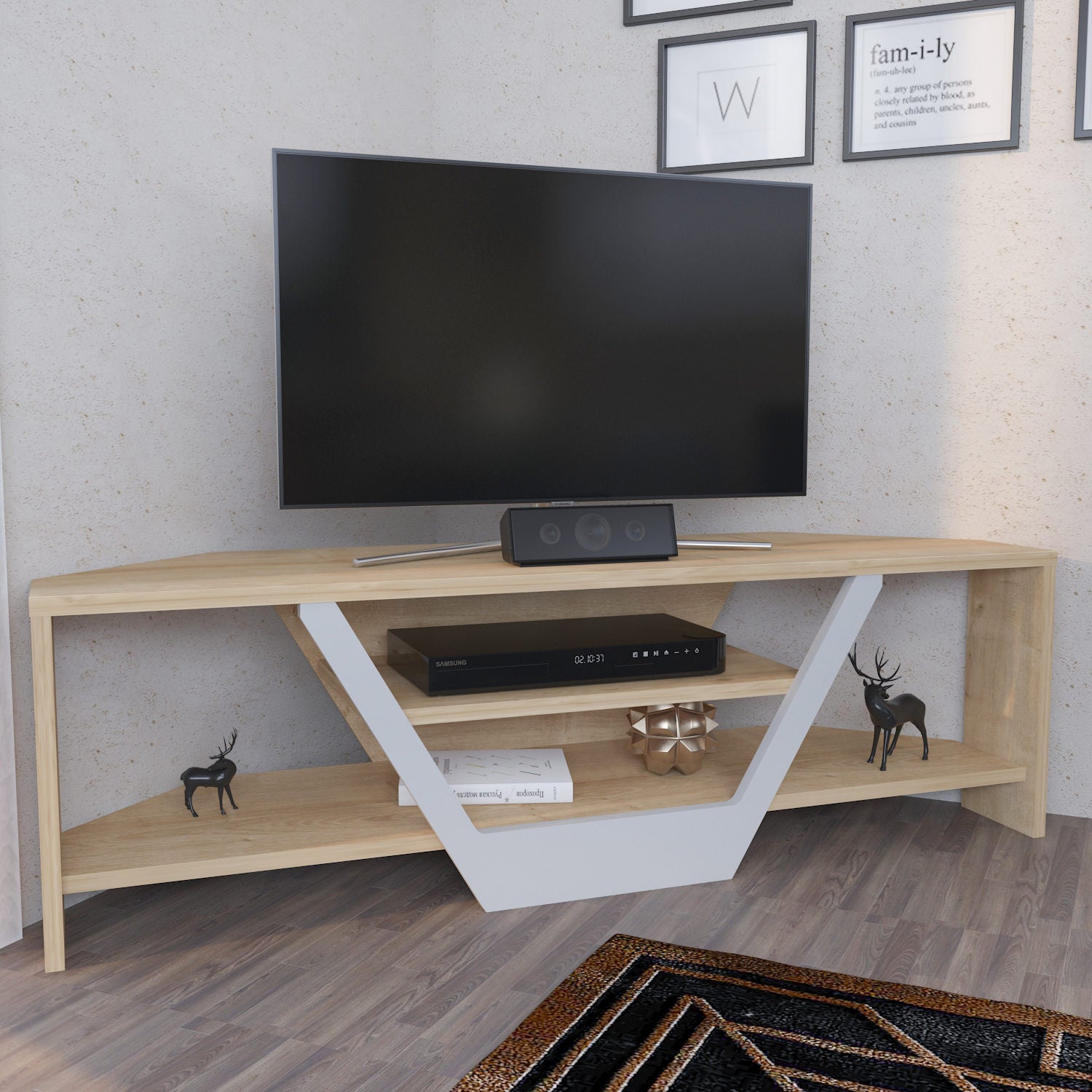 Suporte de TV escandinavo, branco e carvalho, 120 x 35 x 36,8 cm | Painel de partículas 100% revestido de melamina, 18 mm de espessura | Elegante e funcional para salas de estar modernas