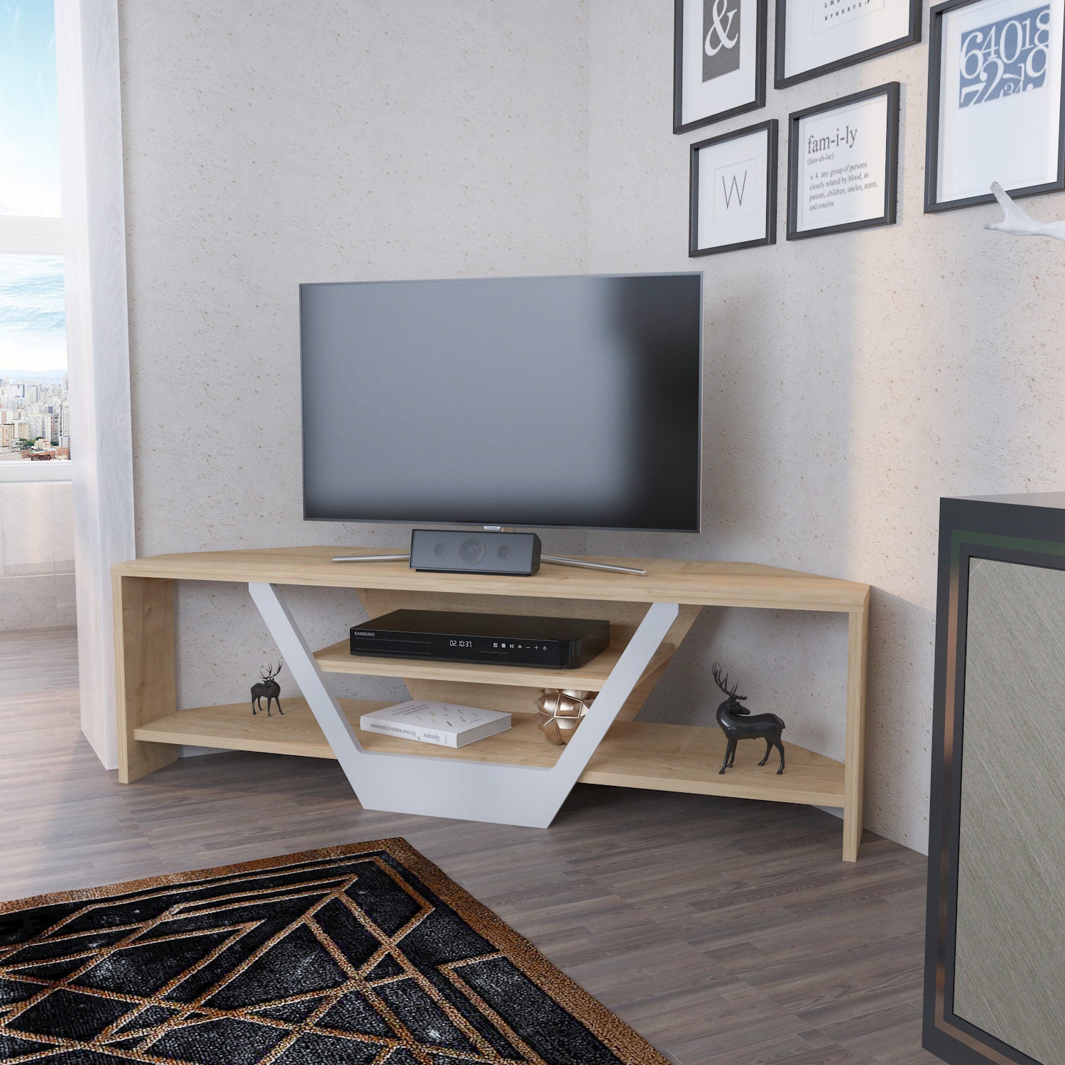 Suporte de TV escandinavo, branco e carvalho, 120 x 35 x 36,8 cm | Painel de partículas 100% revestido de melamina, 18 mm de espessura | Elegante e funcional para salas de estar modernas