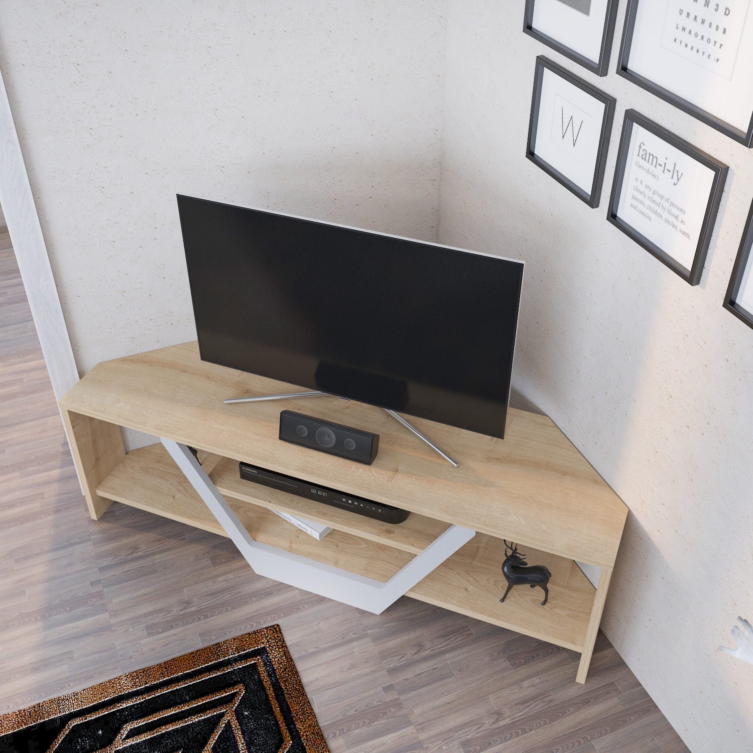 Suporte de TV escandinavo, branco e carvalho, 120 x 35 x 36,8 cm | Painel de partículas 100% revestido de melamina, 18 mm de espessura | Elegante e funcional para salas de estar modernas