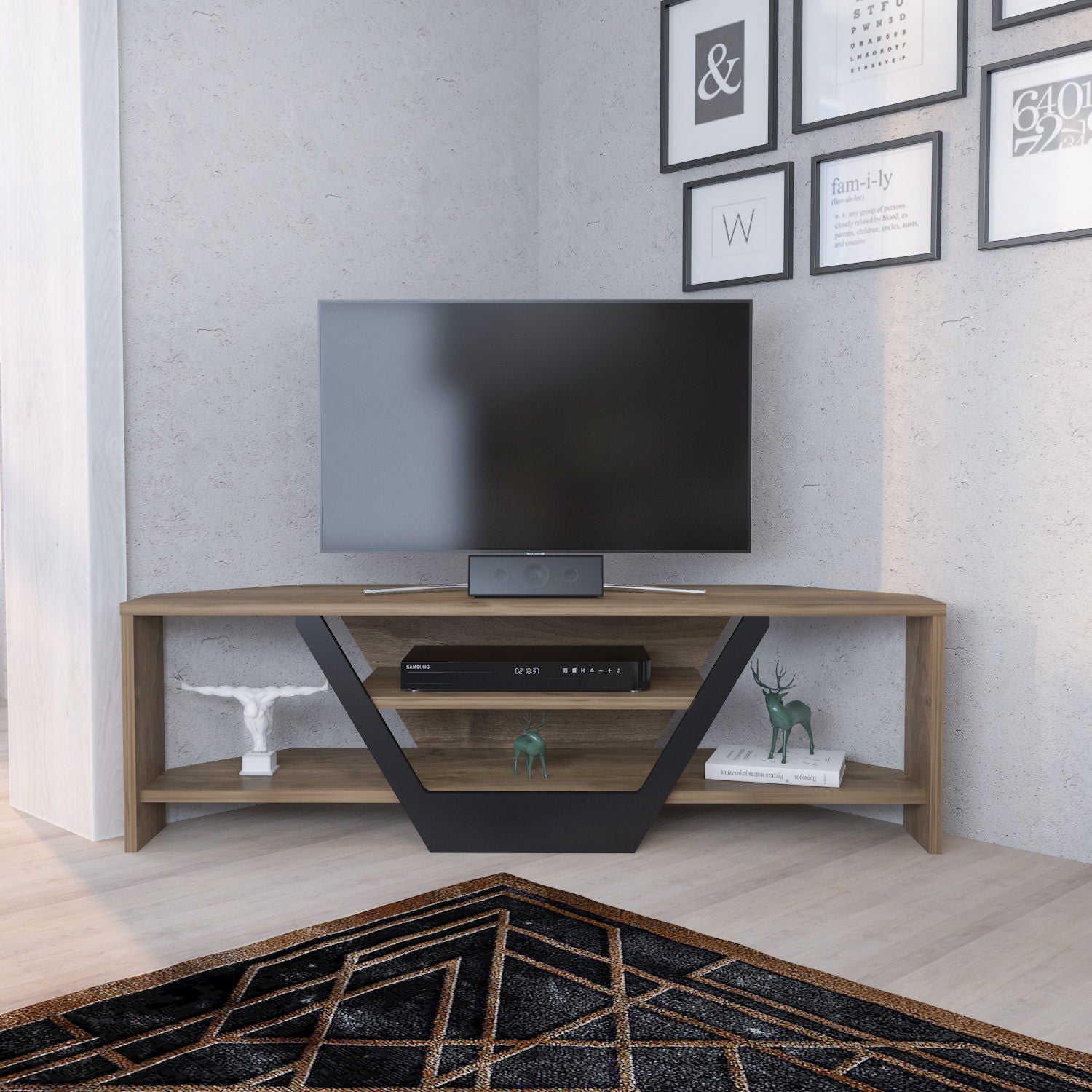 Suporte de TV elegante, nogueira e preto, 120 x 35 x 36,8 cm | Painel de partículas 100% revestido de melamina, 18 mm de espessura | Design moderno para salas de estar e espaços de entretenimento