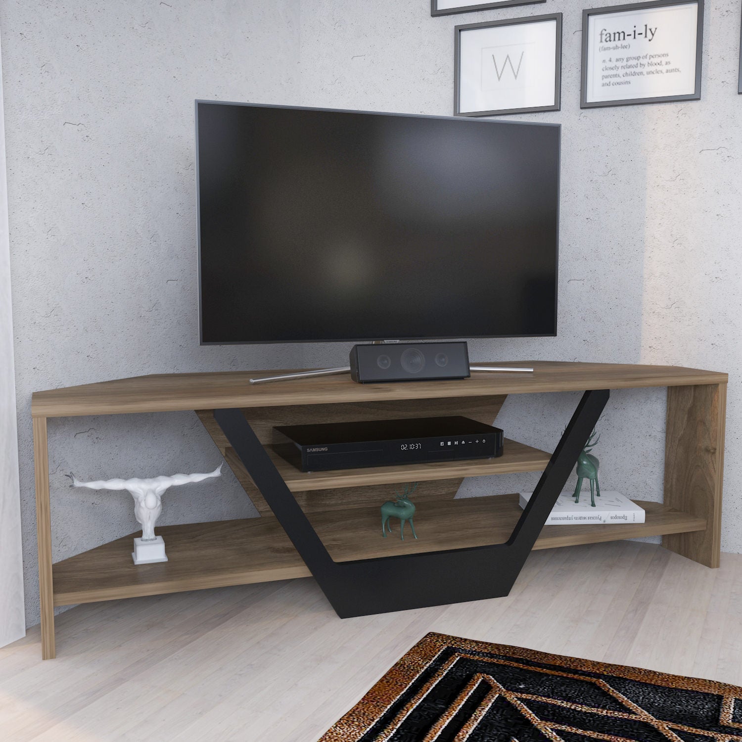 Suporte de TV elegante, nogueira e preto, 120 x 35 x 36,8 cm | Painel de partículas 100% revestido de melamina, 18 mm de espessura | Design moderno para salas de estar e espaços de entretenimento
