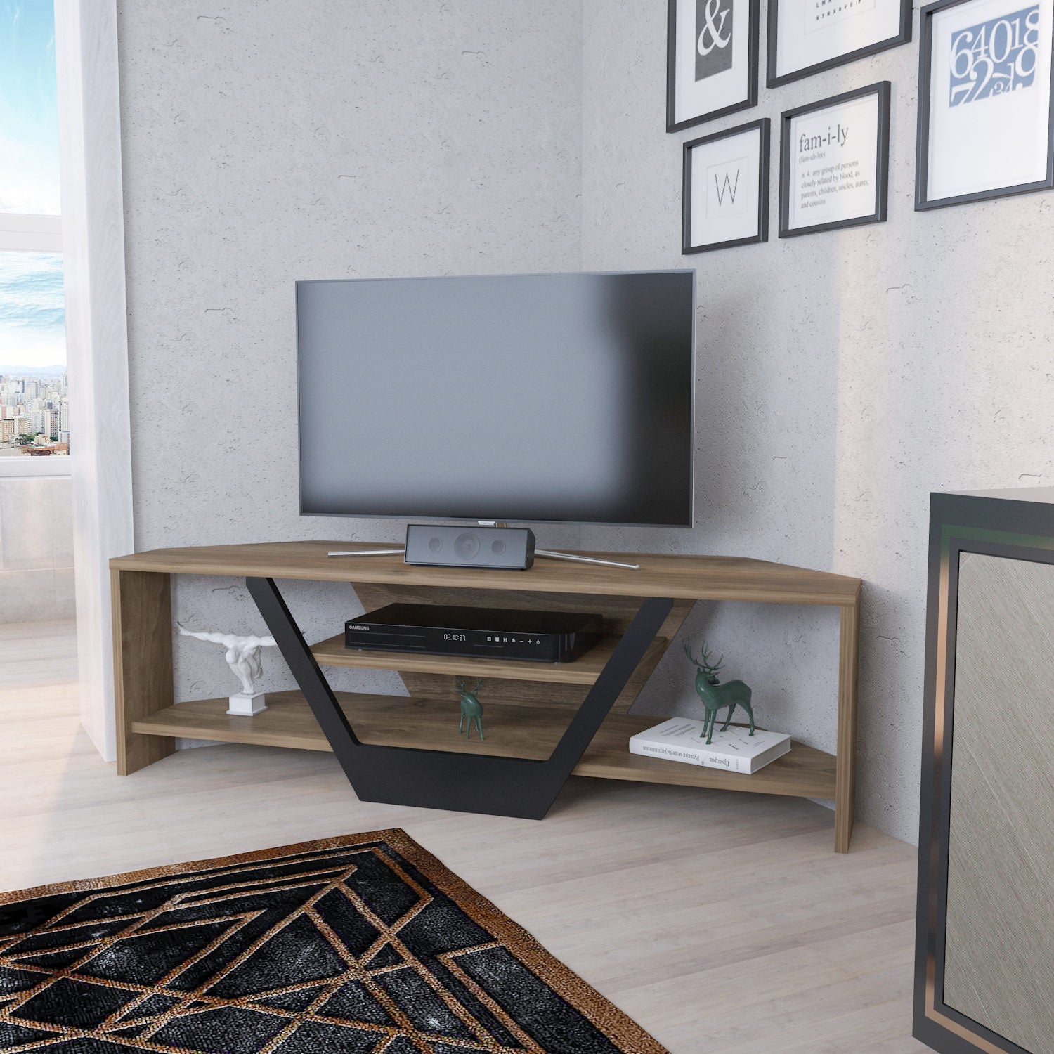 Suporte de TV elegante, nogueira e preto, 120 x 35 x 36,8 cm | Painel de partículas 100% revestido de melamina, 18 mm de espessura | Design moderno para salas de estar e espaços de entretenimento