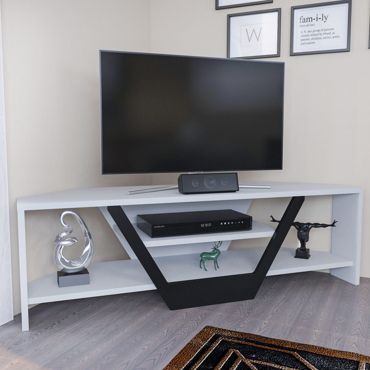 Suporte de TV elegante, 120 cm de largura, branco e preto, 100% aglomerado revestido em melamina, 18 mm de espessura | Design moderno para salas de estar e espaços de entretenimento